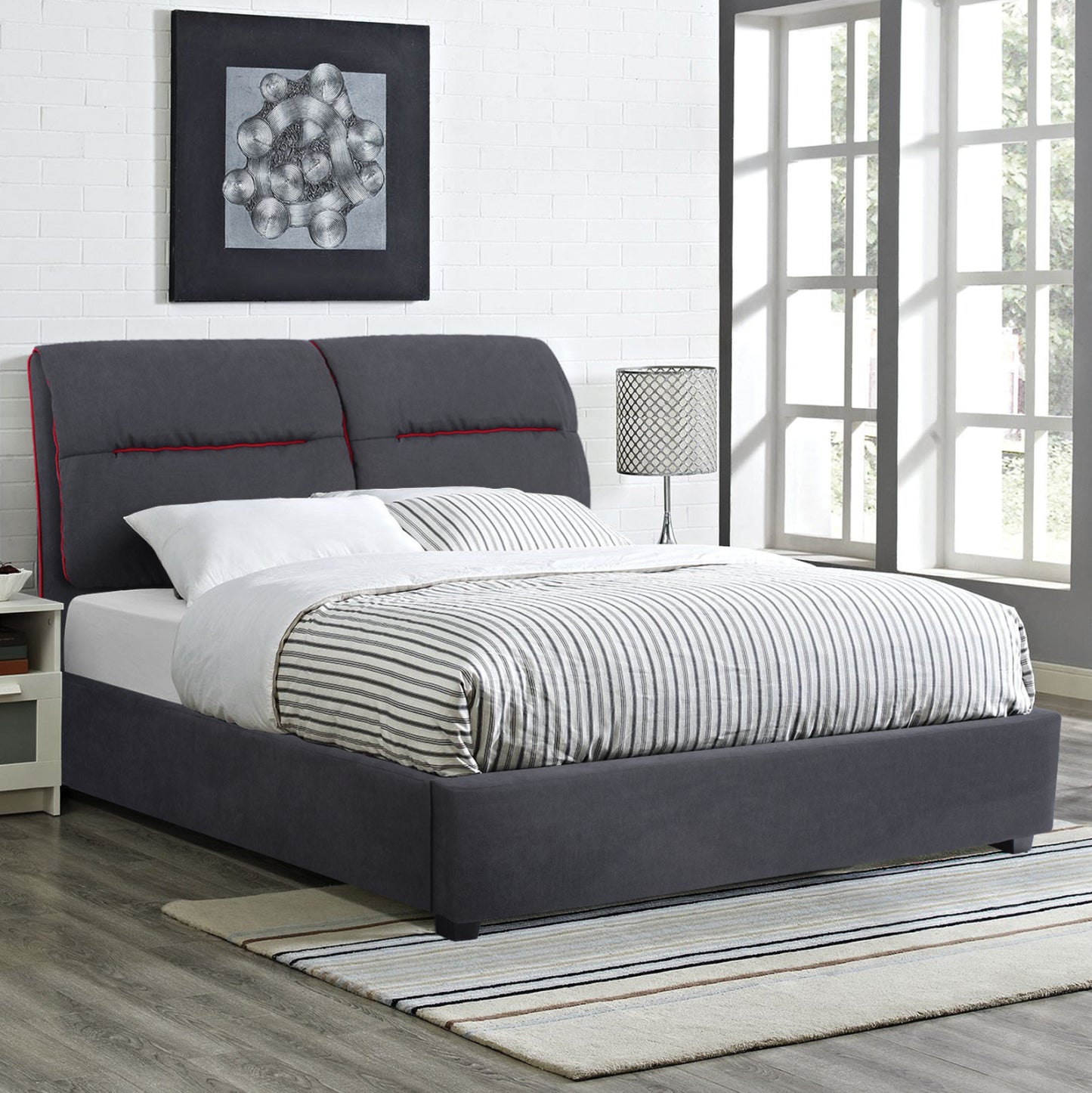 Bed Kendra Hm562, 150x200cm, Grey Fabric And Red Stripes