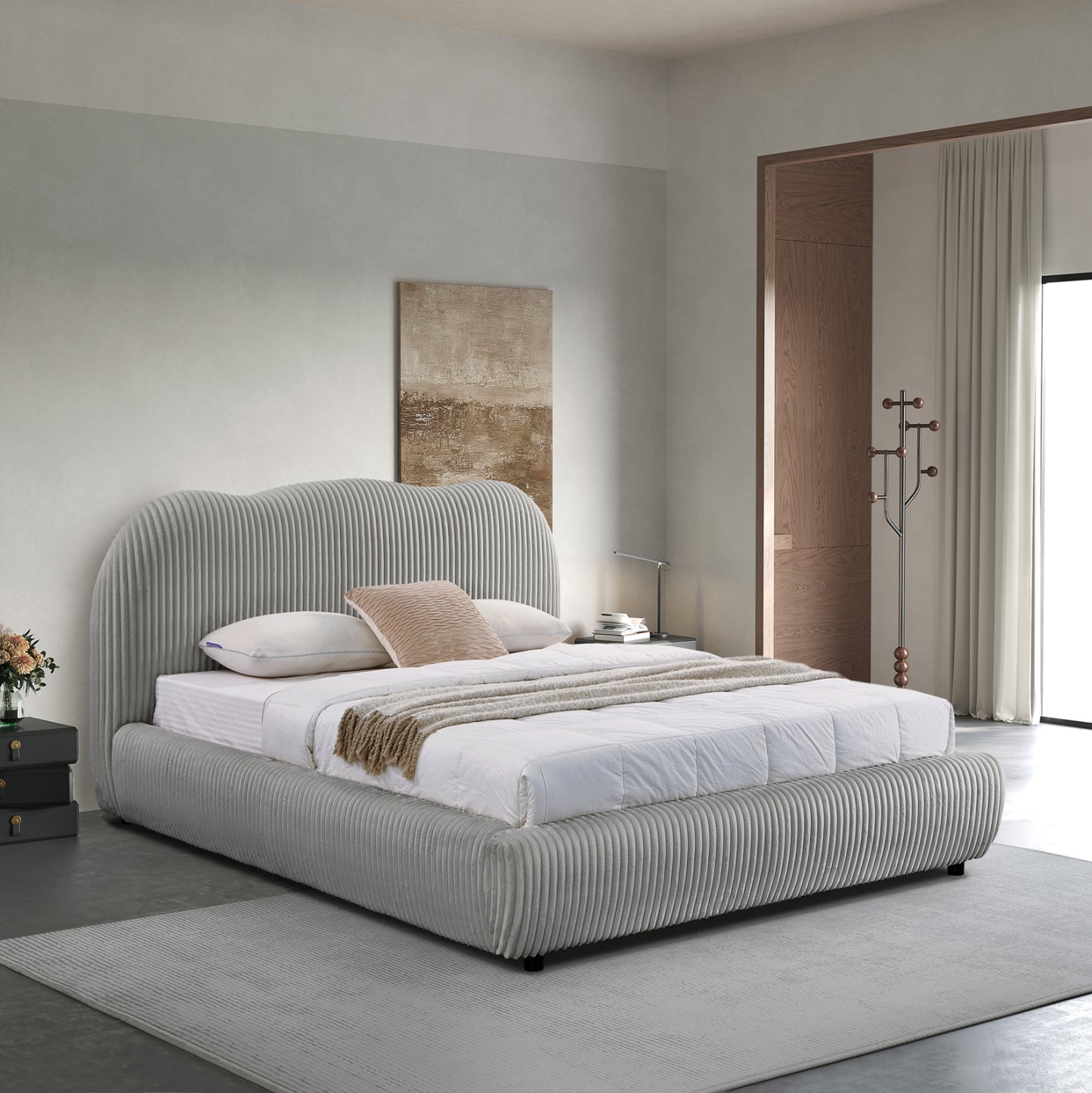 Double Bed With Storage Space Kally Hm729.01 Grey Feaux Fur Fabric--mattress 160x200cm.