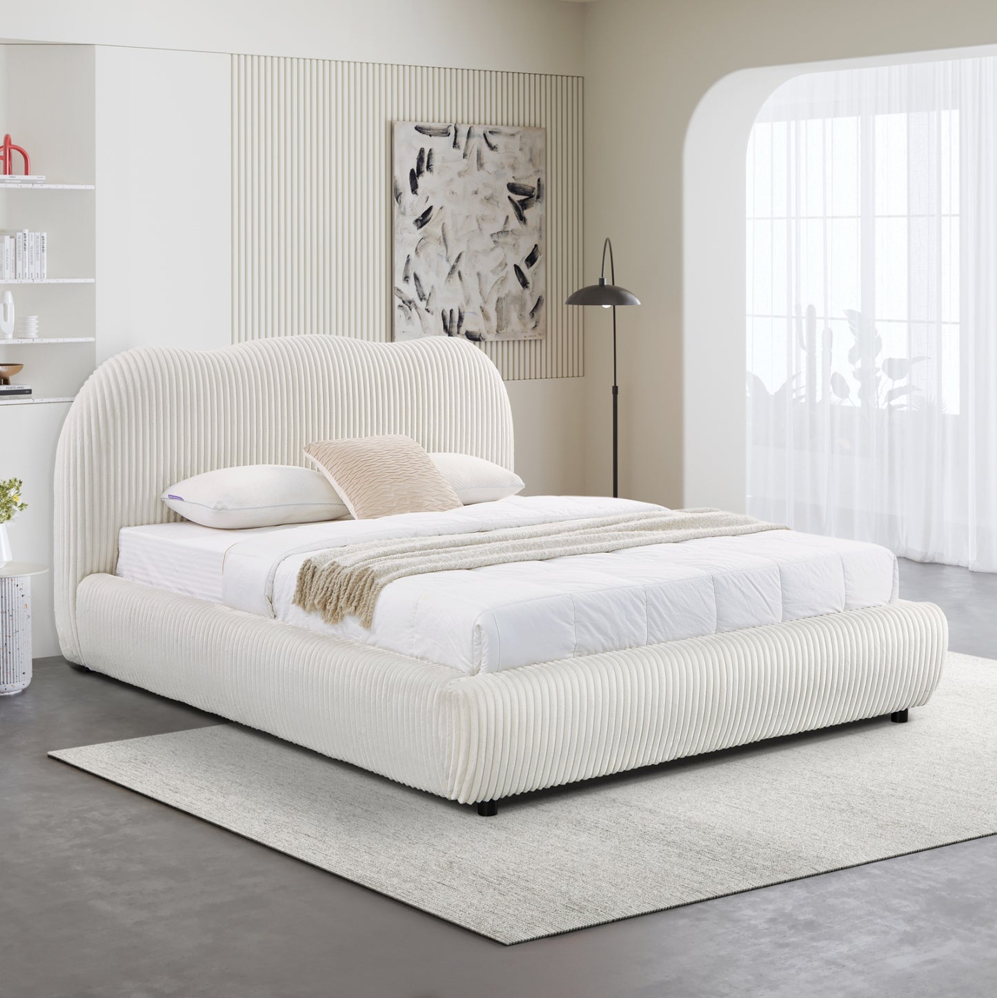 Double Bed With Storage Space Kally Hm729.03 Beige Faux Fur Fabric--mattress 160x200cm.