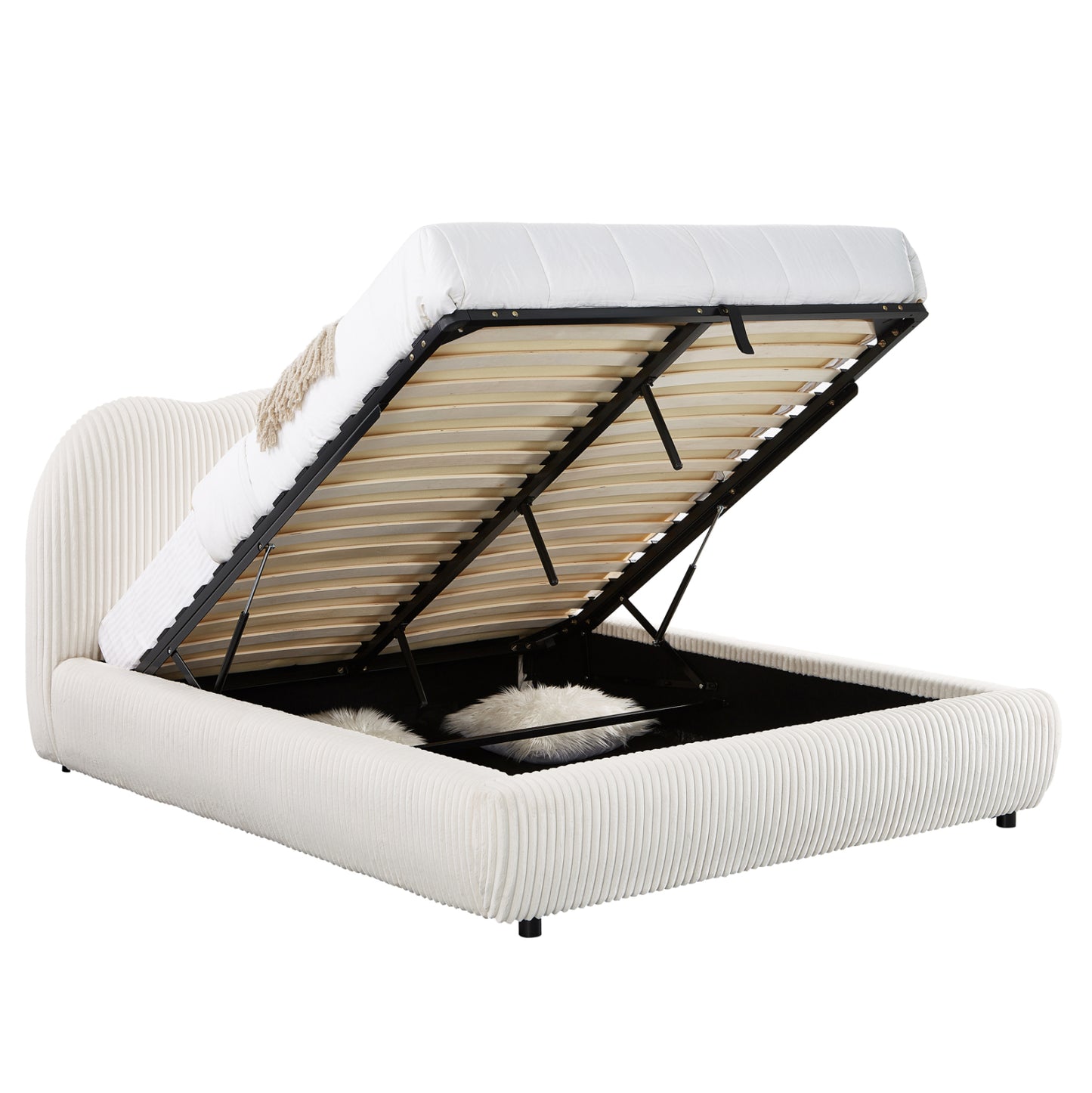Double Bed With Storage Space Kally Hm729.03 Beige Faux Fur Fabric--mattress 160x200cm.