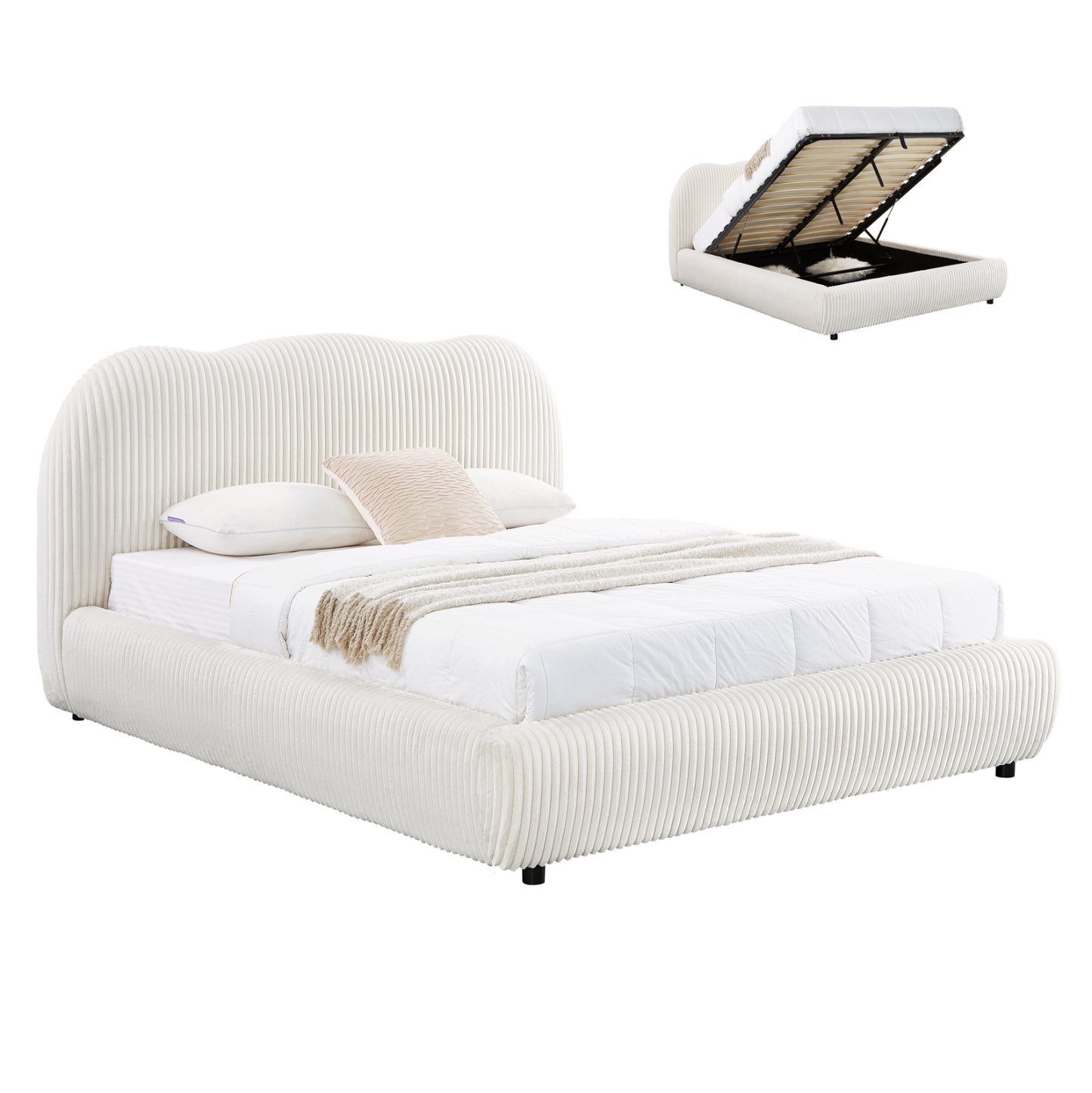 Double Bed With Storage Space Kally Hm729.03 Beige Faux Fur Fabric--mattress 160x200cm.