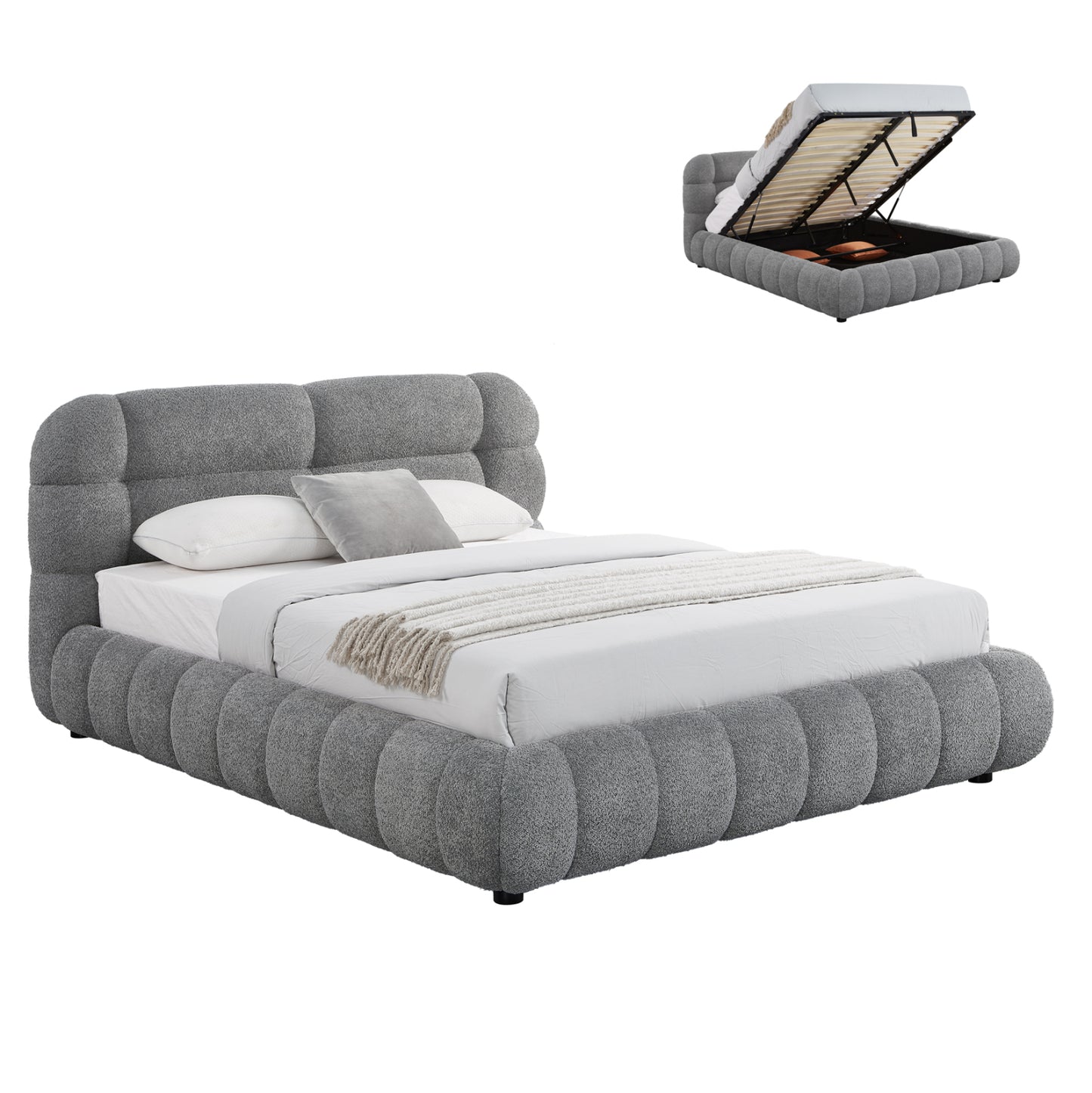 Double Bed With Storage Space Molen Hm730.01 Grey Boucle Fabric--mattress 160x200cm.