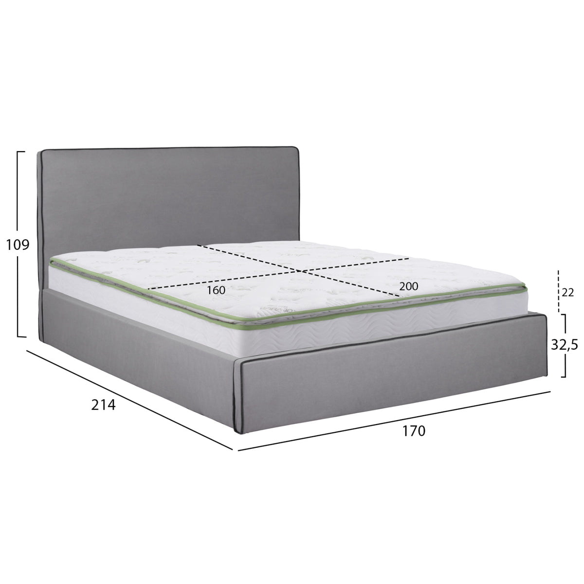 Double Bed With Mattress & Storage Space Allie Hm21170 Grey Fabric--for 160x200cm.