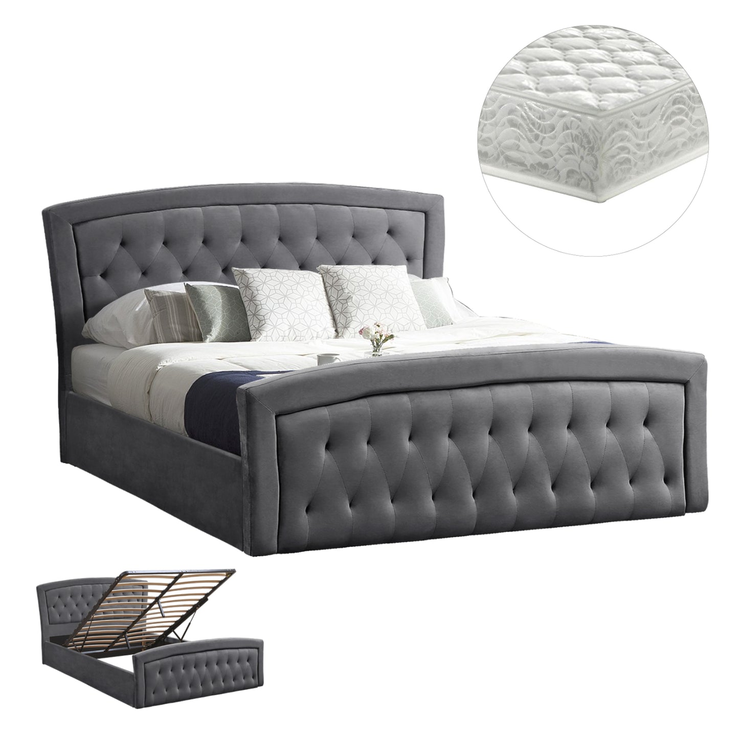Bed With Mattress & Storage Space Odelia Hm21279.01 Grey Velvet--for 160x200cm.