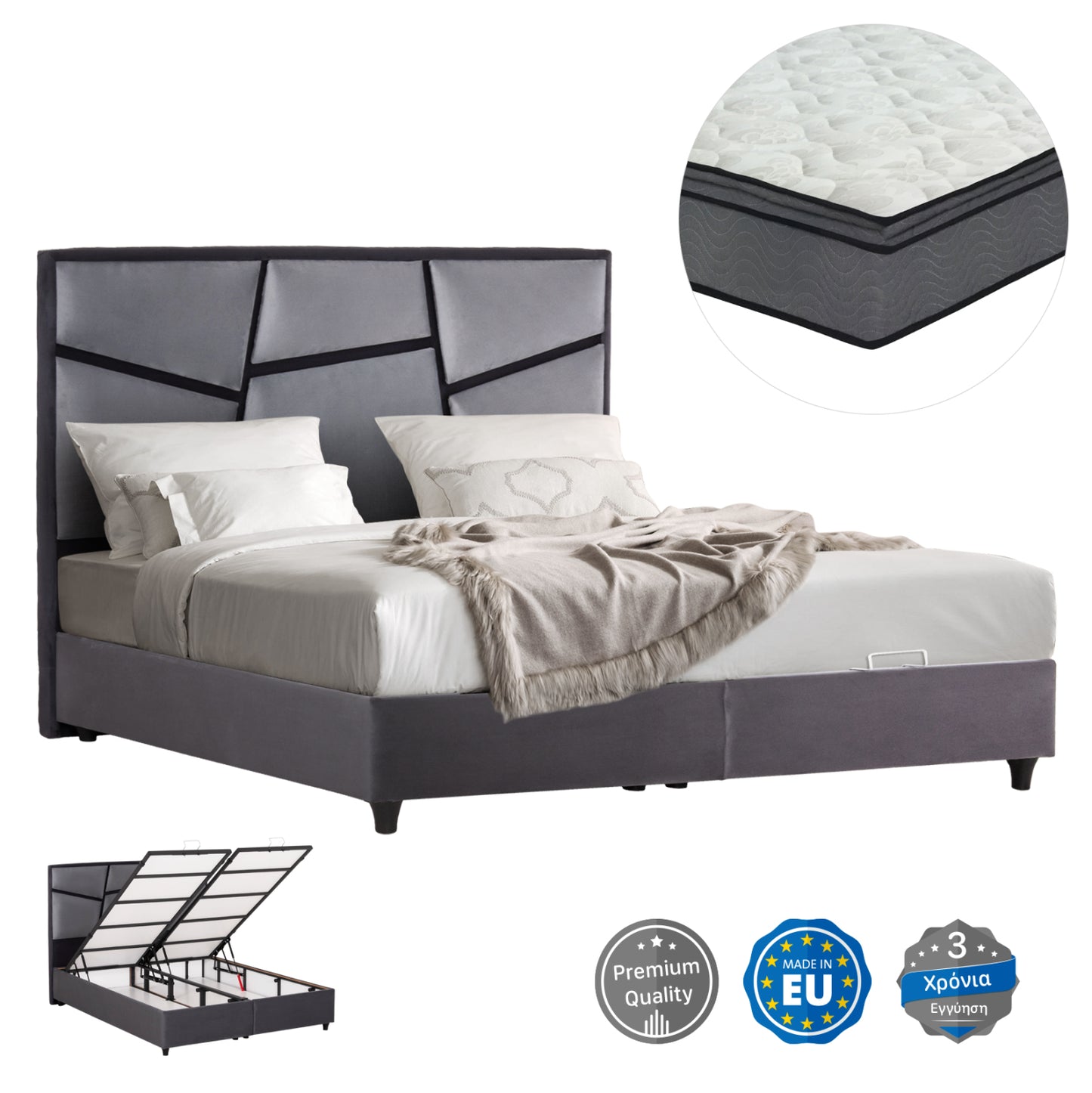 Double Bed Irida With Mattress & Storage Space Hm21166 Grey Velvet--for 160x200cm.