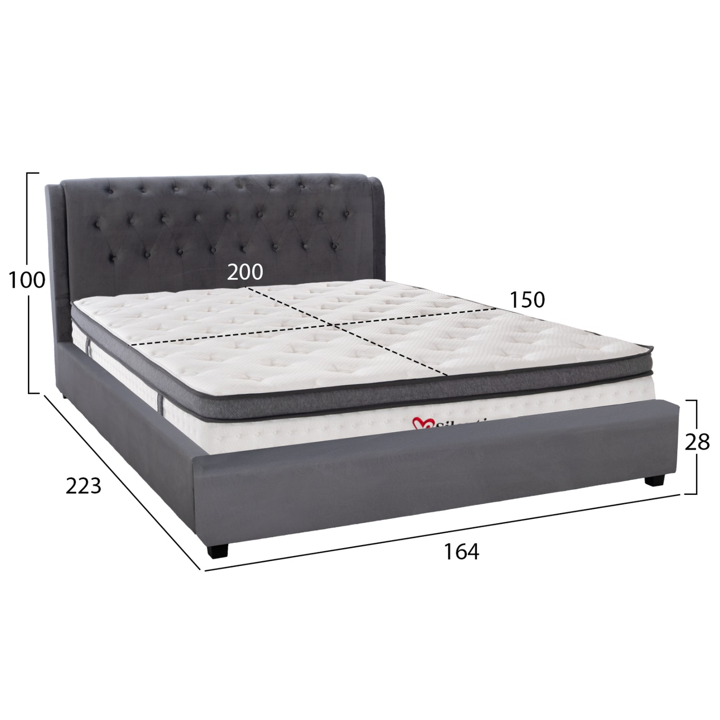 Double Bed With Mattress Odalys Hm10748.11 Velvet In Grey--for Mattress 150x200cm.