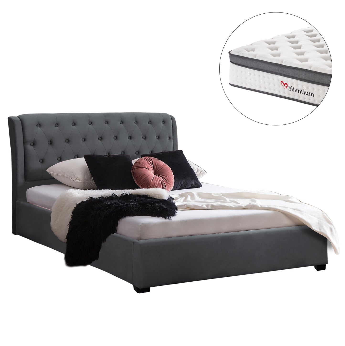 Double Bed With Mattress Odalys Hm10748.11 Velvet In Grey--for Mattress 150x200cm.