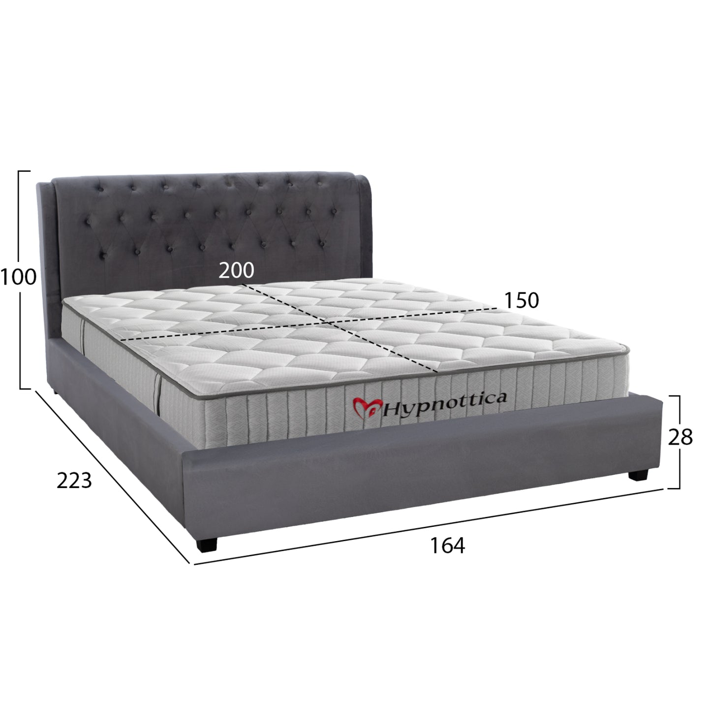 Double Bed With Mattress Odalys Hm10761.01 Velvet In Grey--for Mattress 150x200cm.
