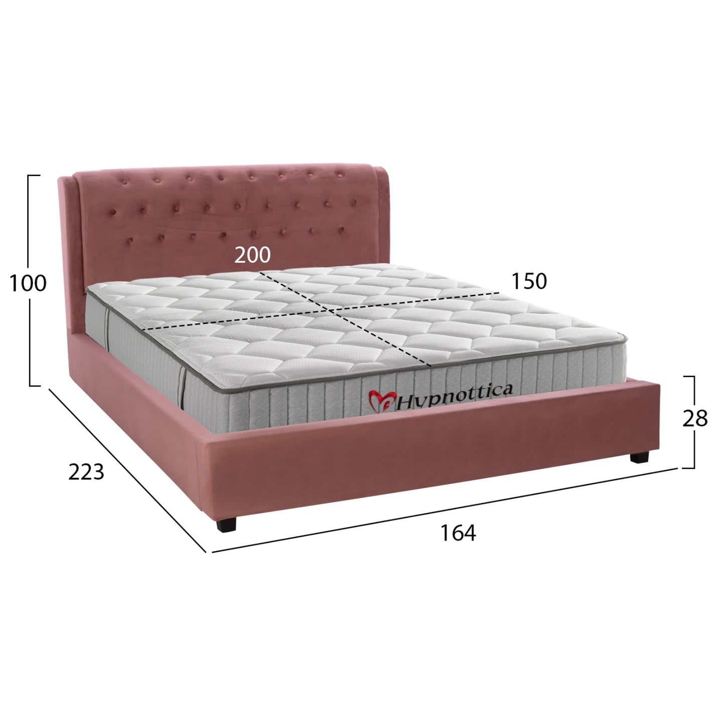 Double Bed With Mattress Odalys Hm10761.02 Velvet In Dusty Pink--for Mattress 150x200cm.