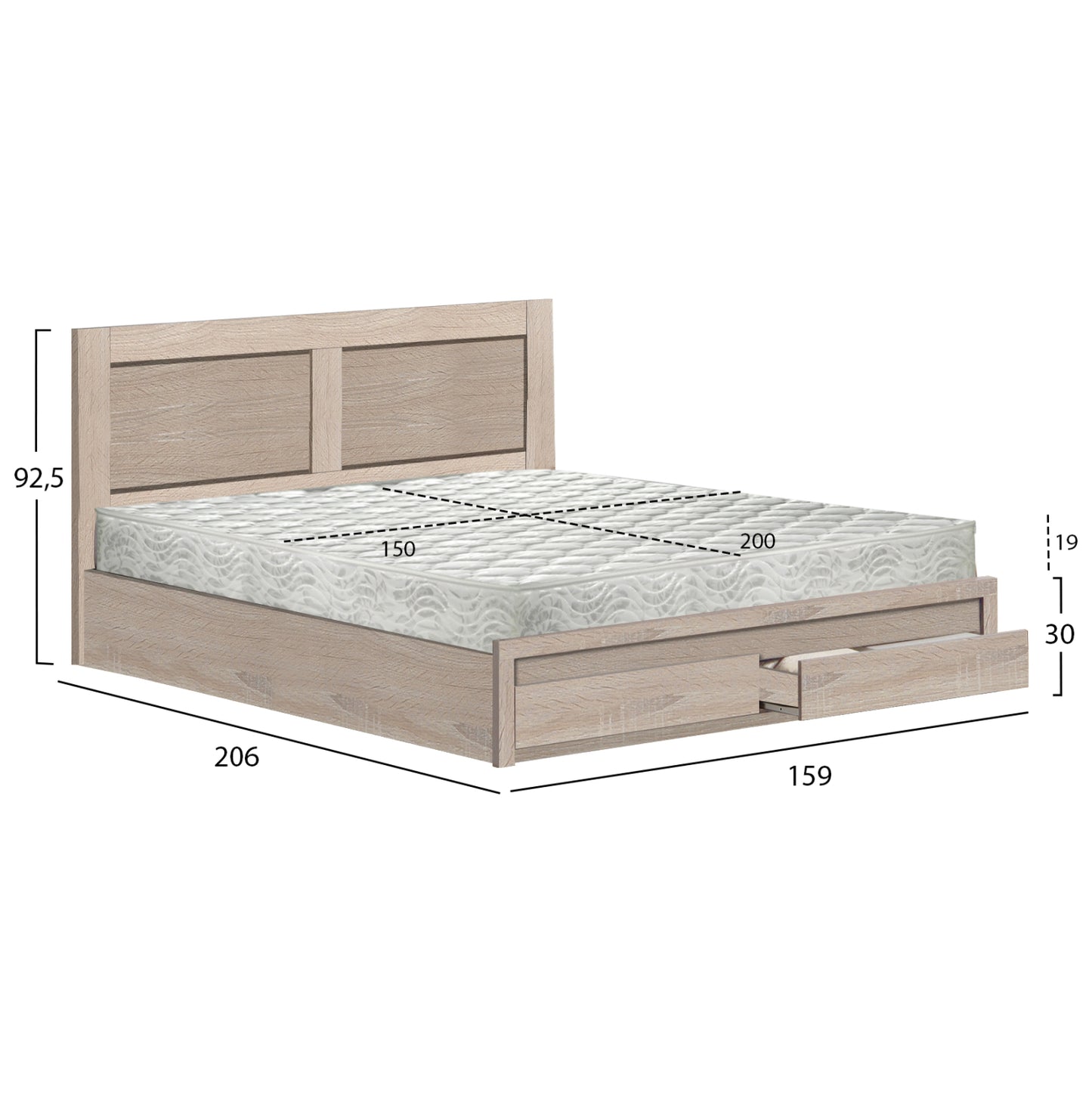 Double Bed With Drawers & Mattress Capri Hm21169 Melamine In Sonama--for 150x200cm.