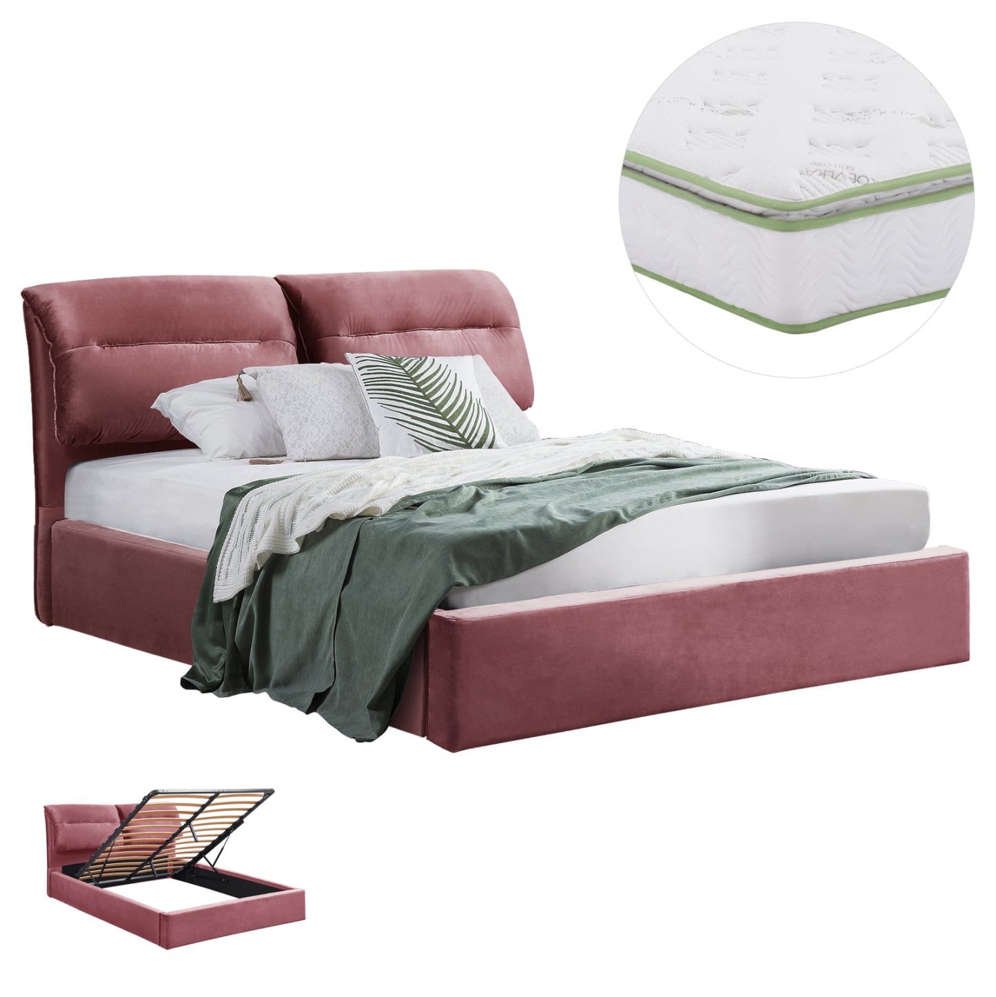 Double Bed & Mattress Kendra Hm10830.02 Dusty Pink Velvet With Storage Space--for 160x200cm