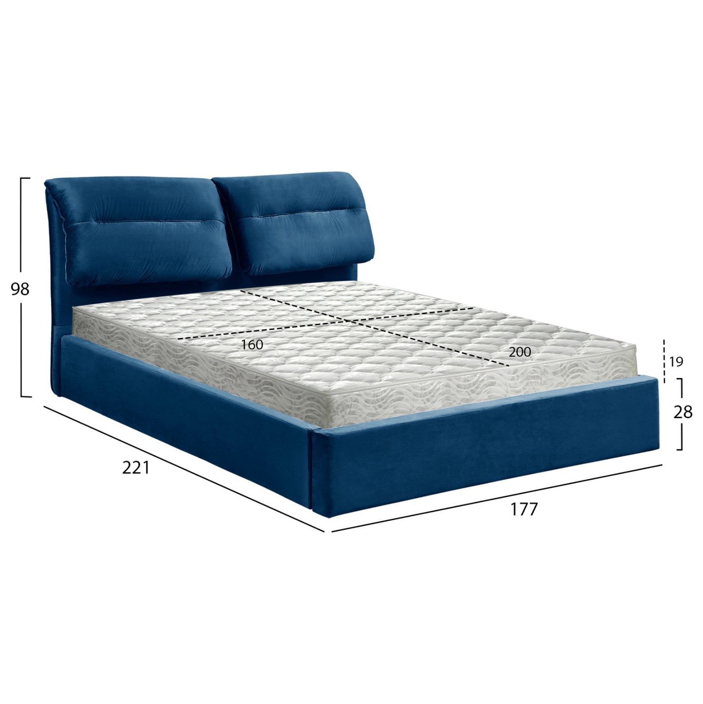 Double Bed & Mattress Kendra Hm10831.18 Blue Velvet With Storage Space--for 160x200cm