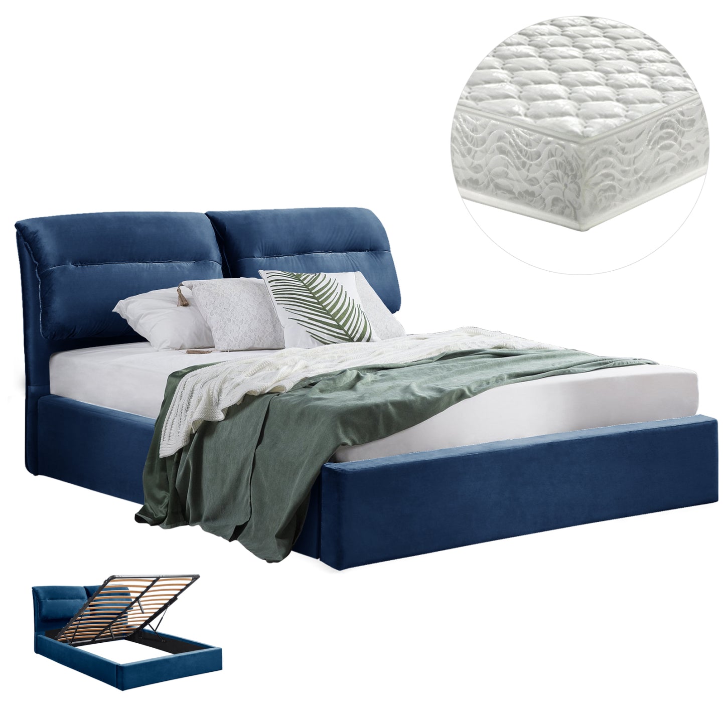 Double Bed & Mattress Kendra Hm10831.18 Blue Velvet With Storage Space--for 160x200cm