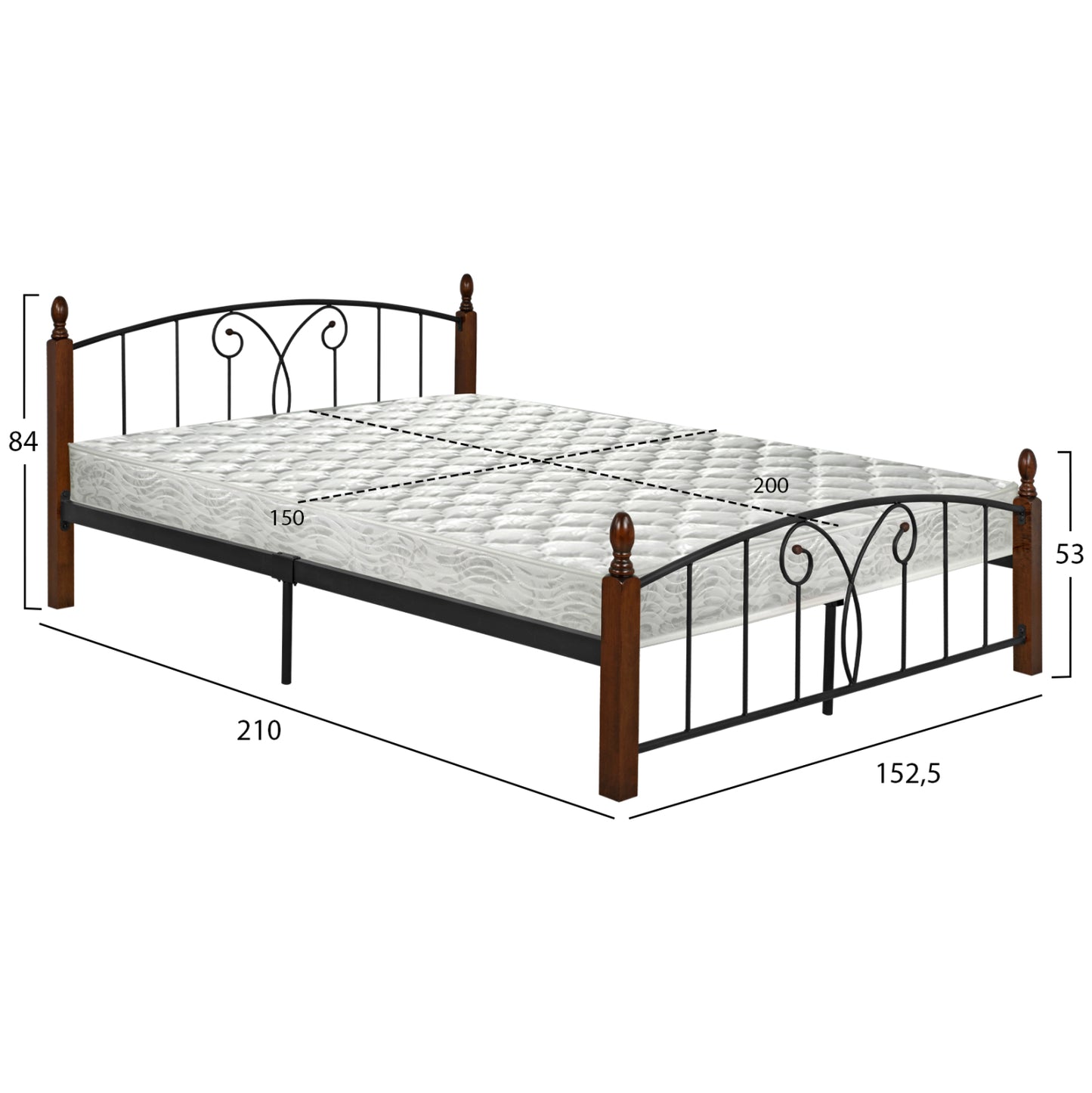 Double Bed With Mattress Suzie Hm10740 Metal & Wood In Walnut--mattress 150x200cm