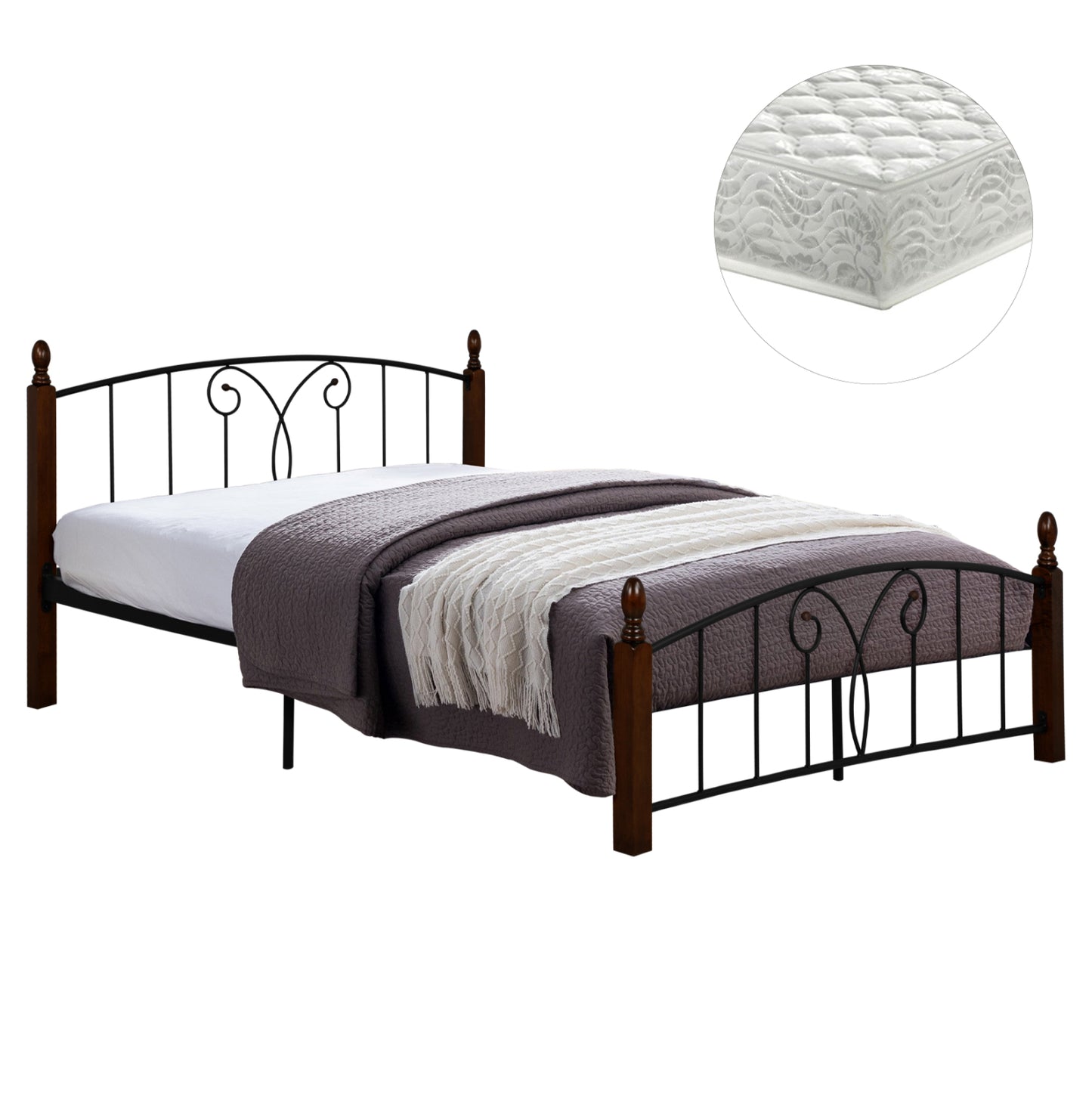 Double Bed With Mattress Suzie Hm10740 Metal & Wood In Walnut--mattress 150x200cm