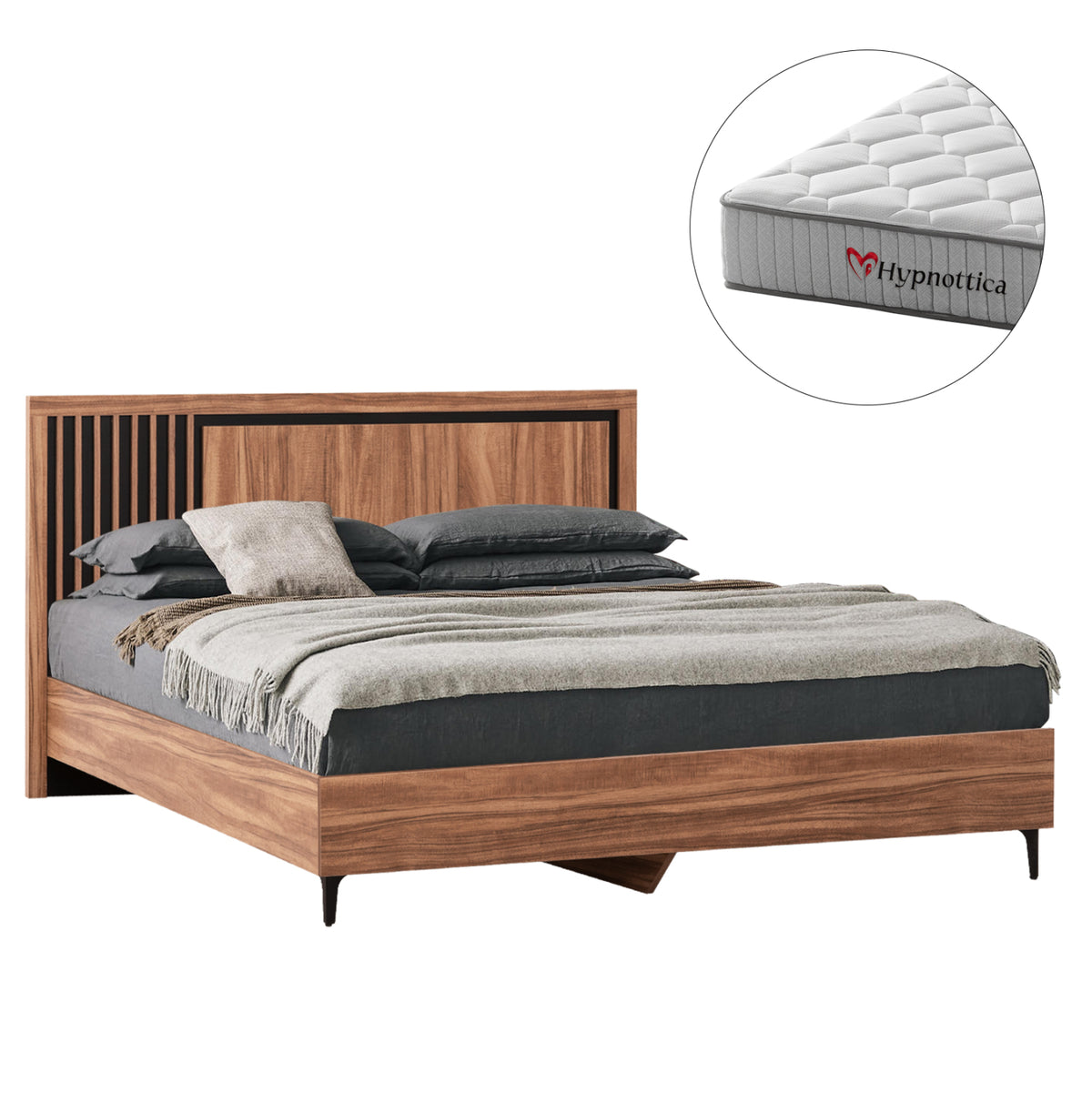 Double Bed With Mattress Harry Hm10764 Melamine In Natural Wood Color & Black--for 160x200cm