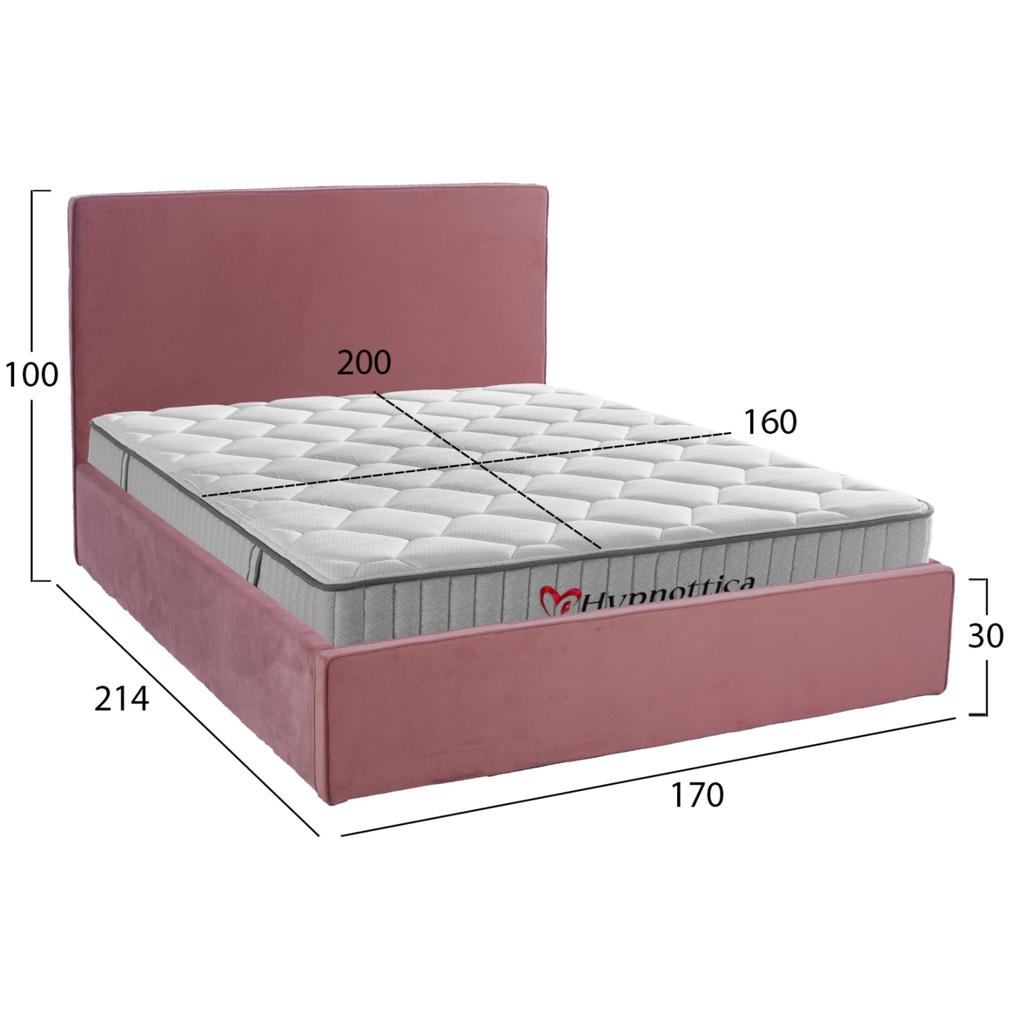 Double Bed With Mattress Allie Hm10768.02 Dusty Pink Velvet-with Storage Space--for 160x200cm.