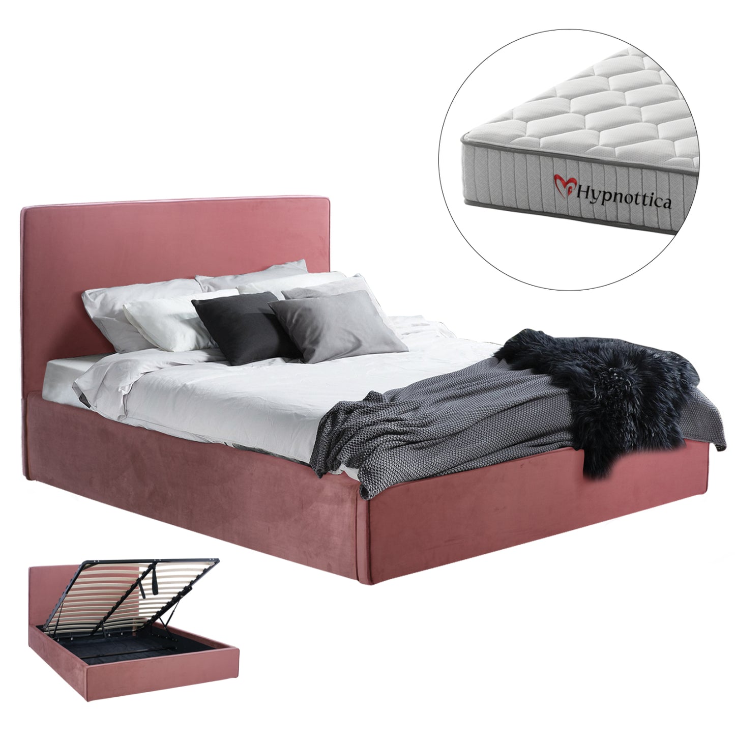 Double Bed With Mattress Allie Hm10768.02 Dusty Pink Velvet-with Storage Space--for 160x200cm.