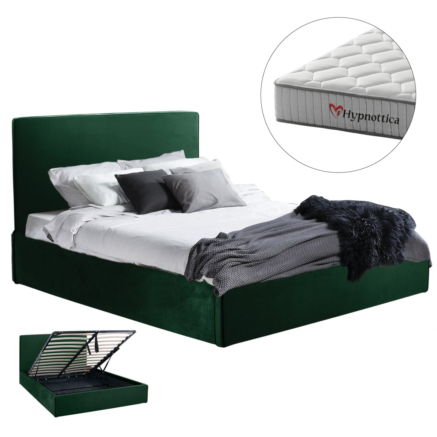 Double Bed With Mattress Allie Hm10768.03 Cypress Green Velvet-with Storage Space--for 160x200cm.