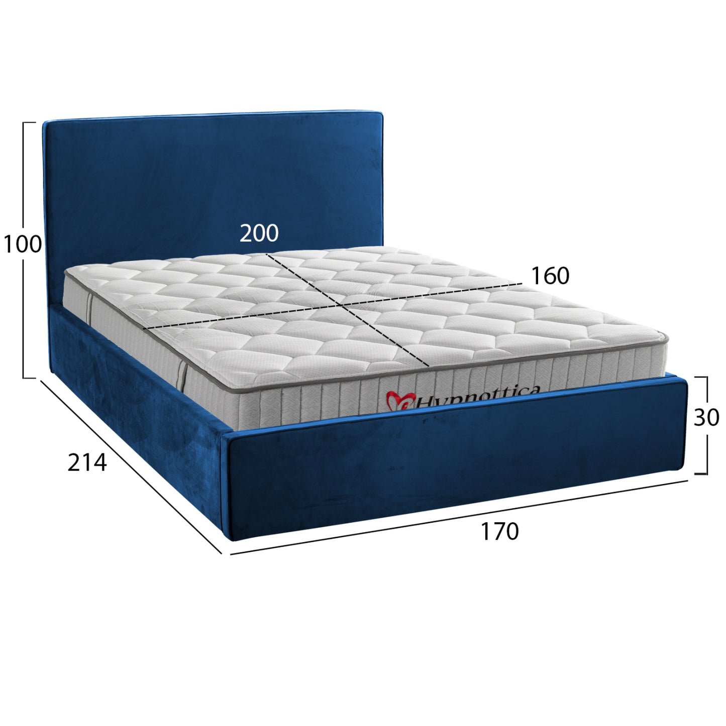Double Bed With Mattress Allie Hm10768.04 Blue Velvet-with Storage Space--for 160x200cm.
