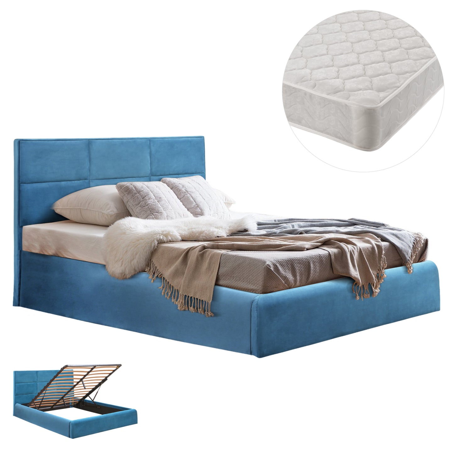Double Bed With Mattress Briley Hm21272.04 Royal Blue Velvet With Storage Space--for 160x200cm