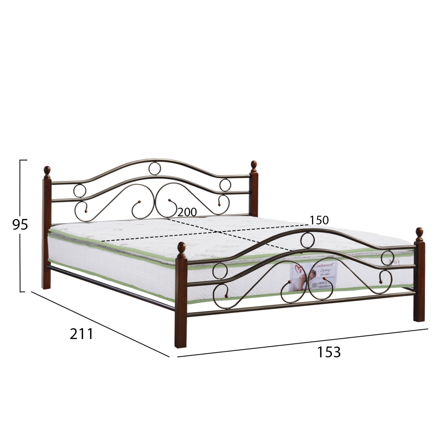 Double Bed With Mattress Celina Hm21328 Metal & Wood In Dirty Oak--mattress 150x200cm