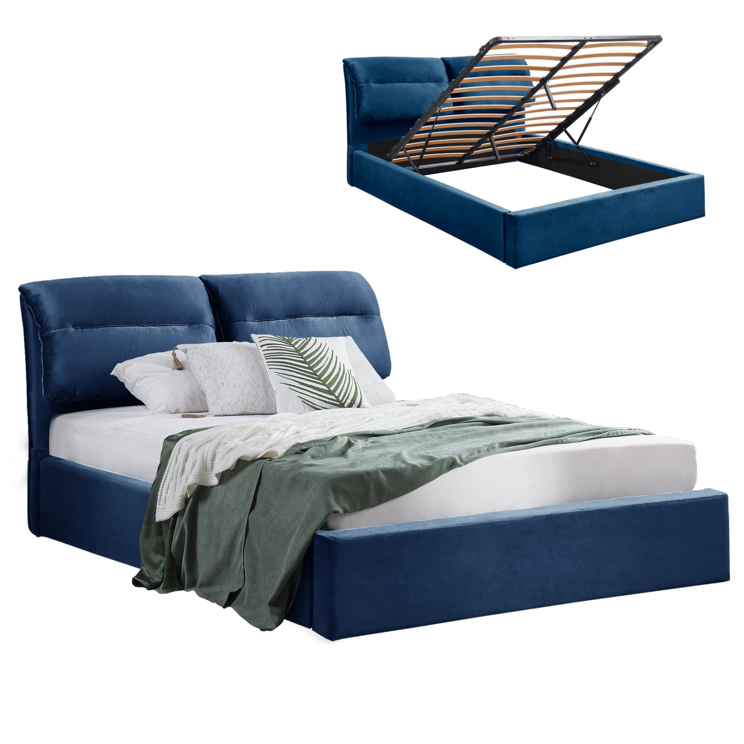 Bed Kendra Hm565.18 Blue Velvet-storage Space 160x200 Cm Mattress