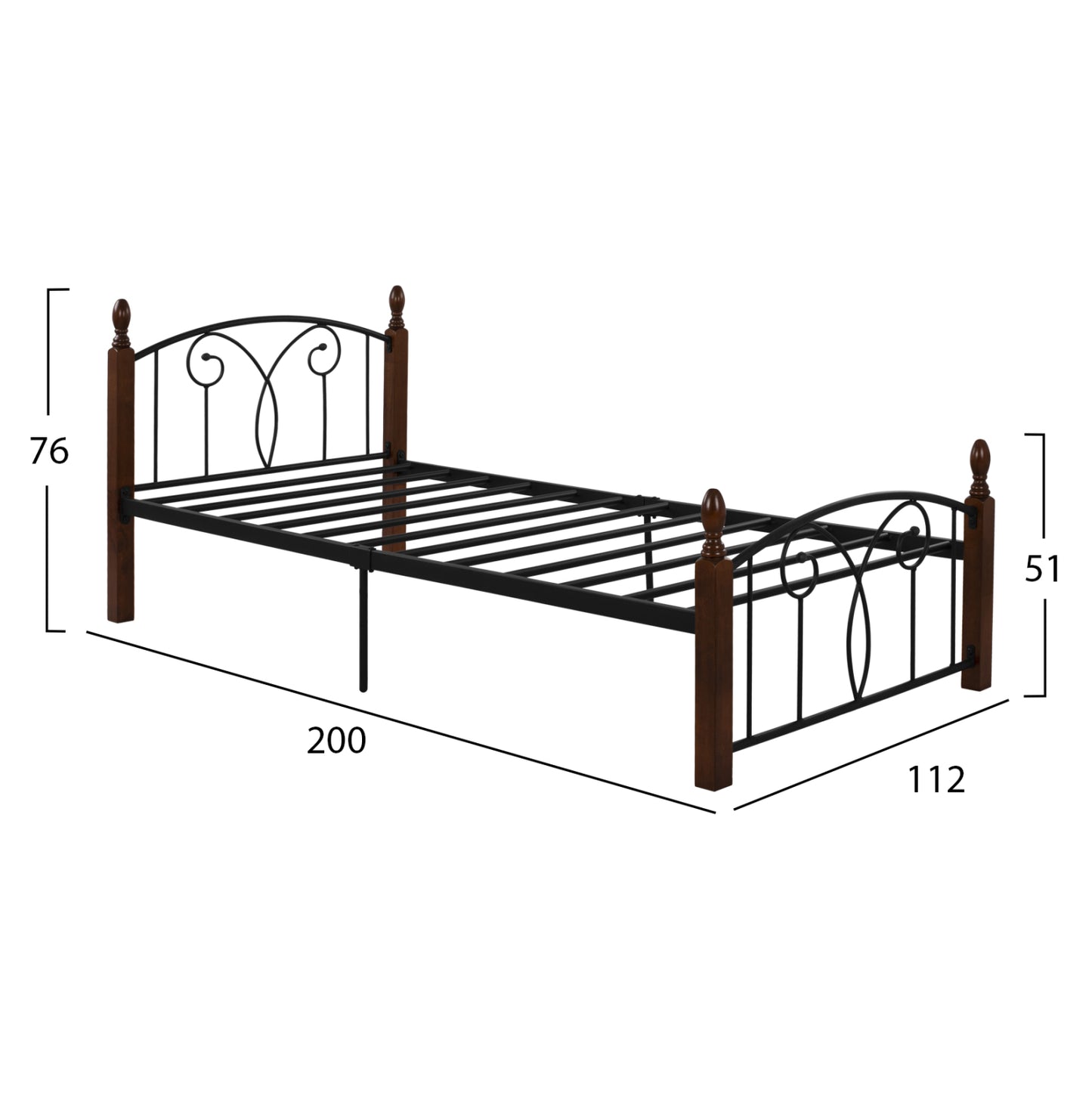 Bed Hm600 Metal Rubberwood For Mattress 110x190 Cm.