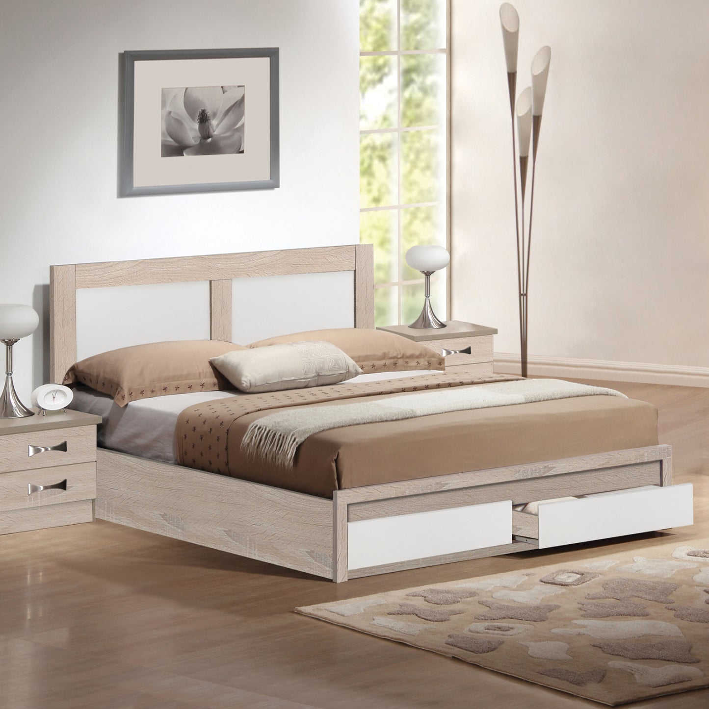 Bed Capri Hm665.06 Melamine In Sonoma-white With 2 Drawers For Mattress 120x200 Cm.