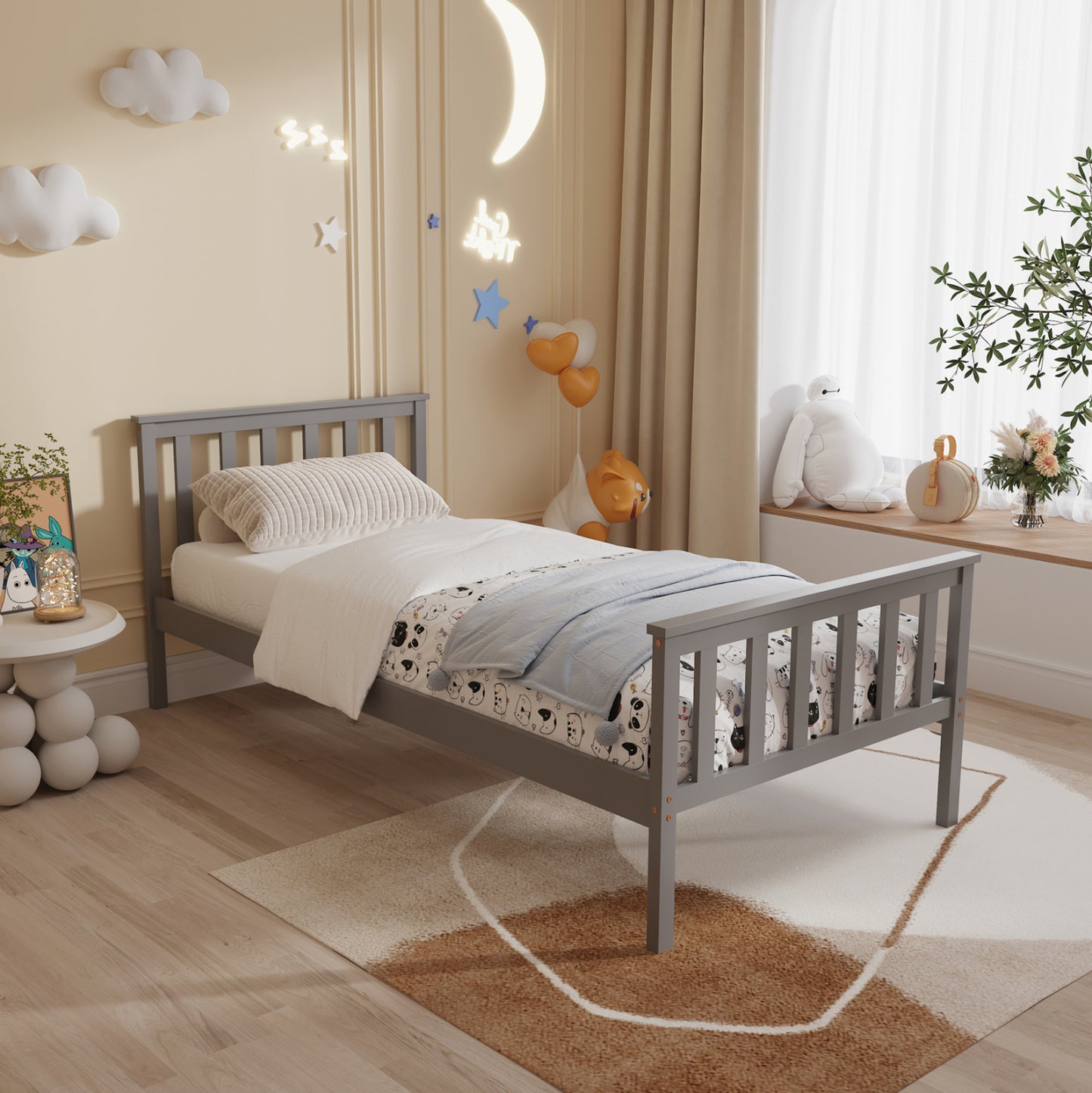 Bed Gimly Hm675.05 Solid Pine Wood In Grey For Mattress 190x90cm.