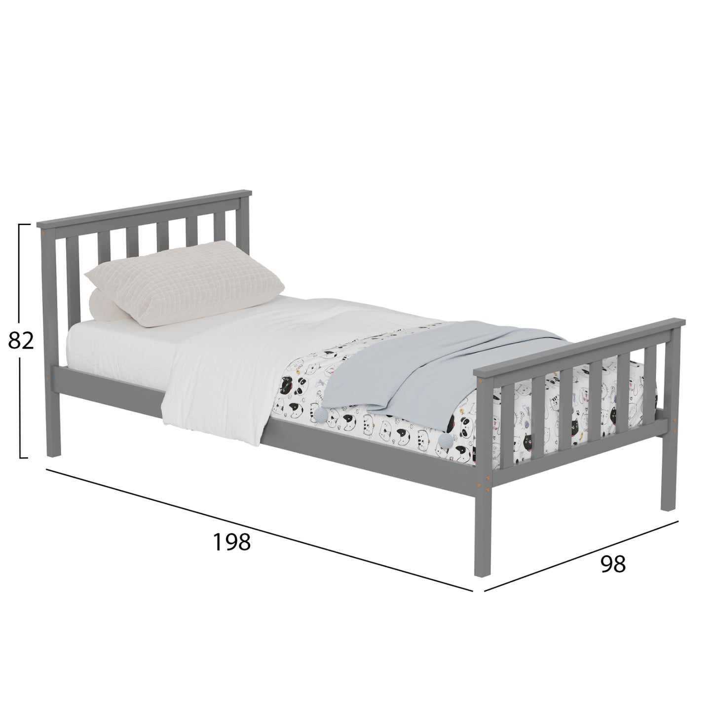 Bed Gimly Hm675.05 Solid Pine Wood In Grey For Mattress 190x90cm.