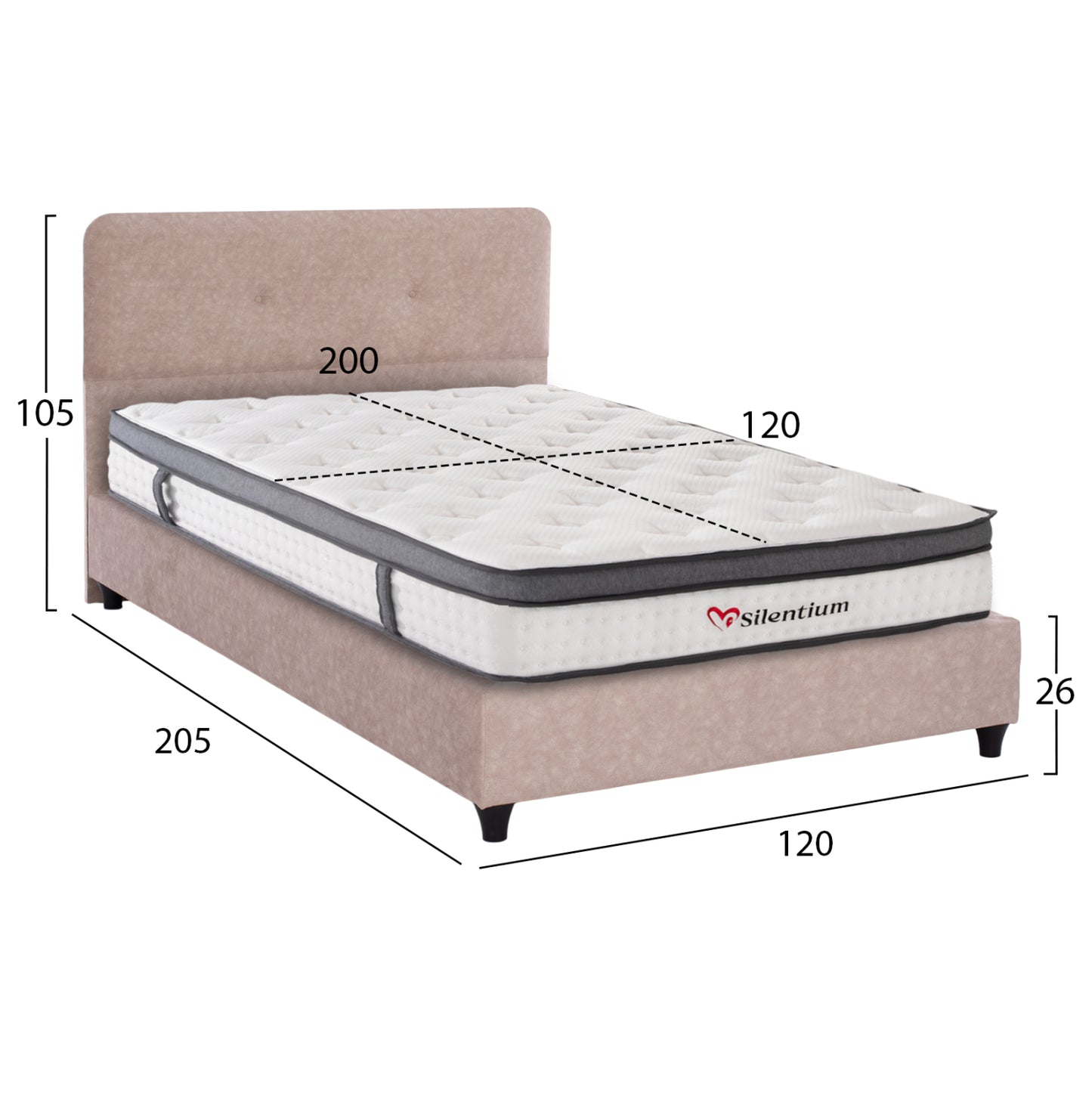 Semi-double Bed With Mattress Dolores Hm10746.03 T.nubuck Fabric In Beige--for 120x200cm.