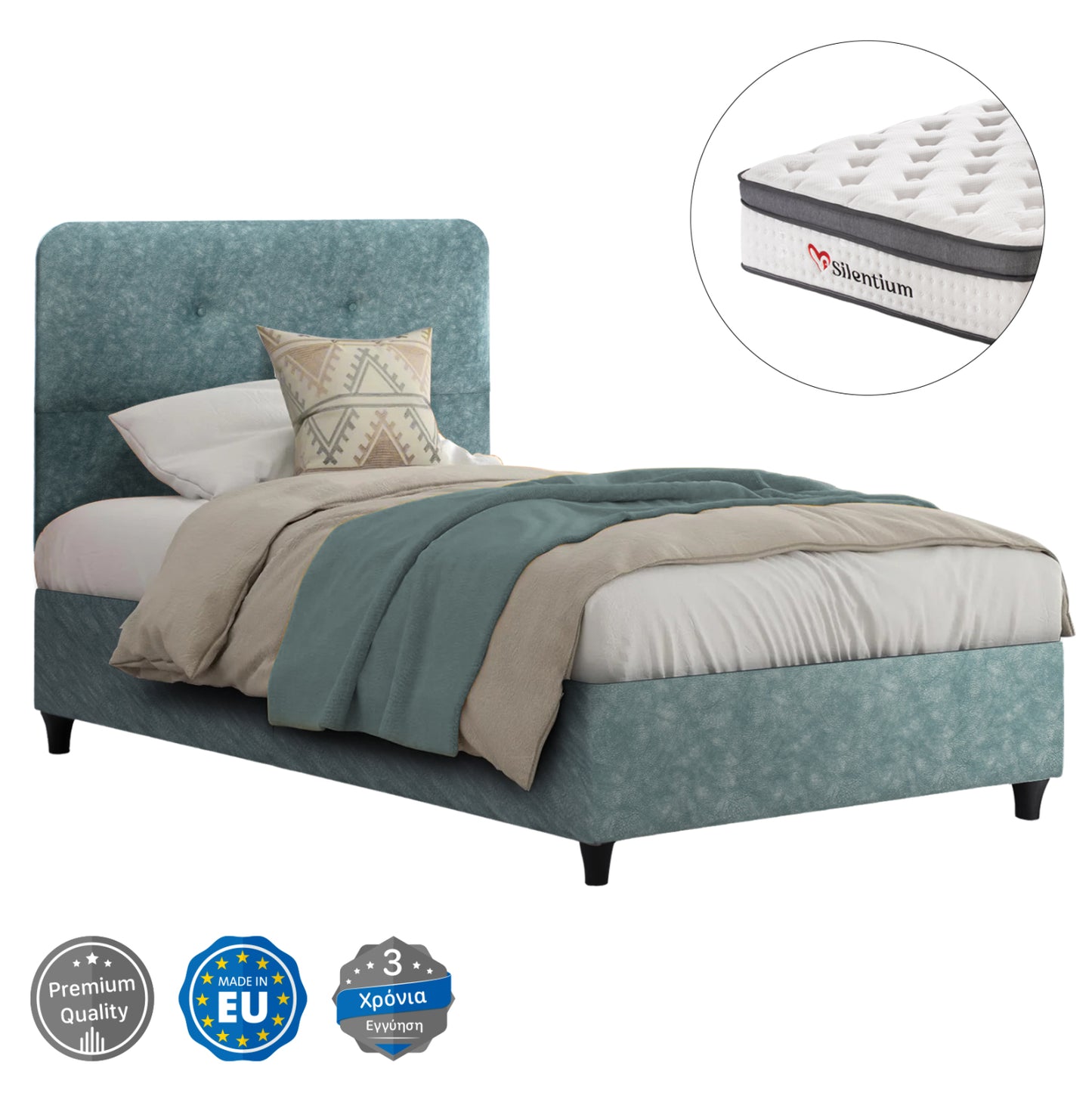 Semi-double Bed With Mattress Dolores Hm10746.04 T.nubuck Fabric In Light Green--for 120x200cm.