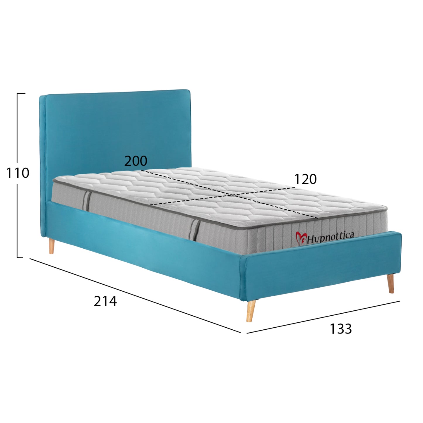 Semi-double Bed With Mattress Maylin Hm10758.02 Turquoise Velvet--mattress 120x200cm
