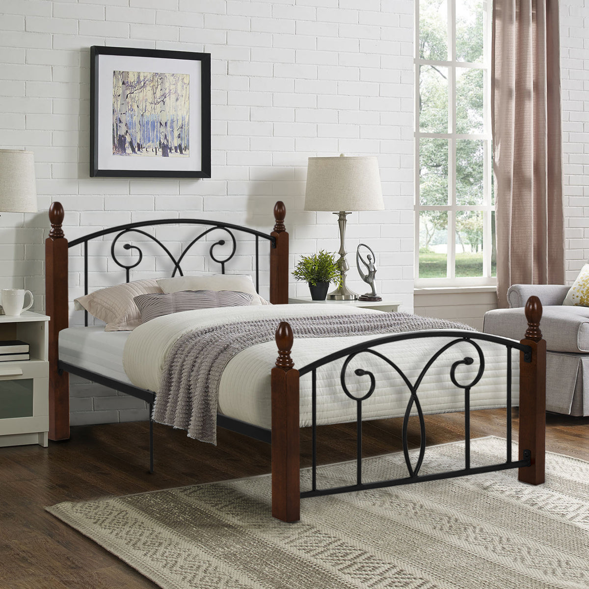 Semi-double Bed With Mattress Suzie Hm21333 Metal & Wood In Walnut--mattress 110x190cm