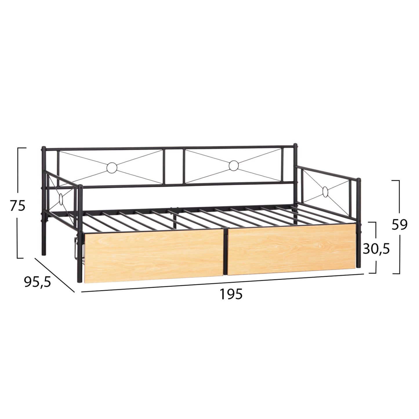 Sofa-bed Bernie Hm21120.02 Metal Frame In Black & Sonama Drawers- For Mattress 190x90cm.