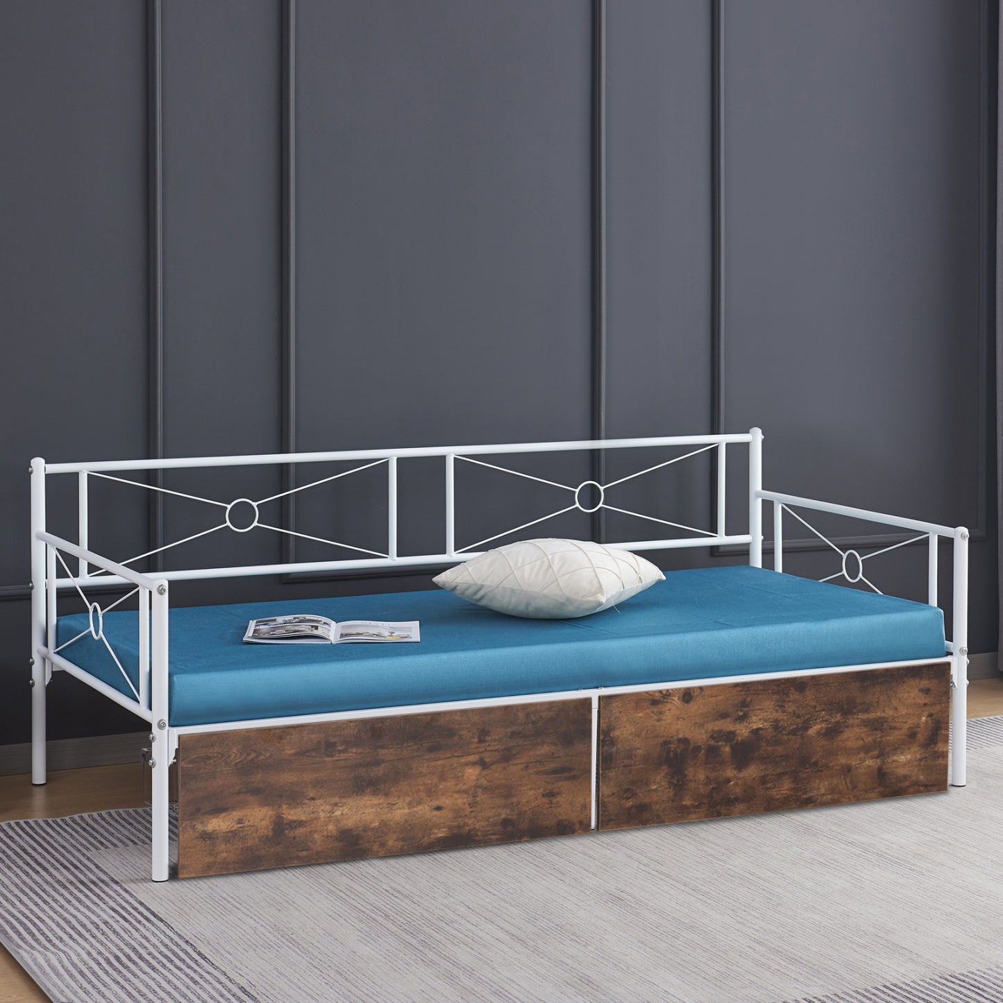 Sofa-bed Bernie Hm21121.01 Metal Frame In White & Drawers- For Mattress 190x90cm.