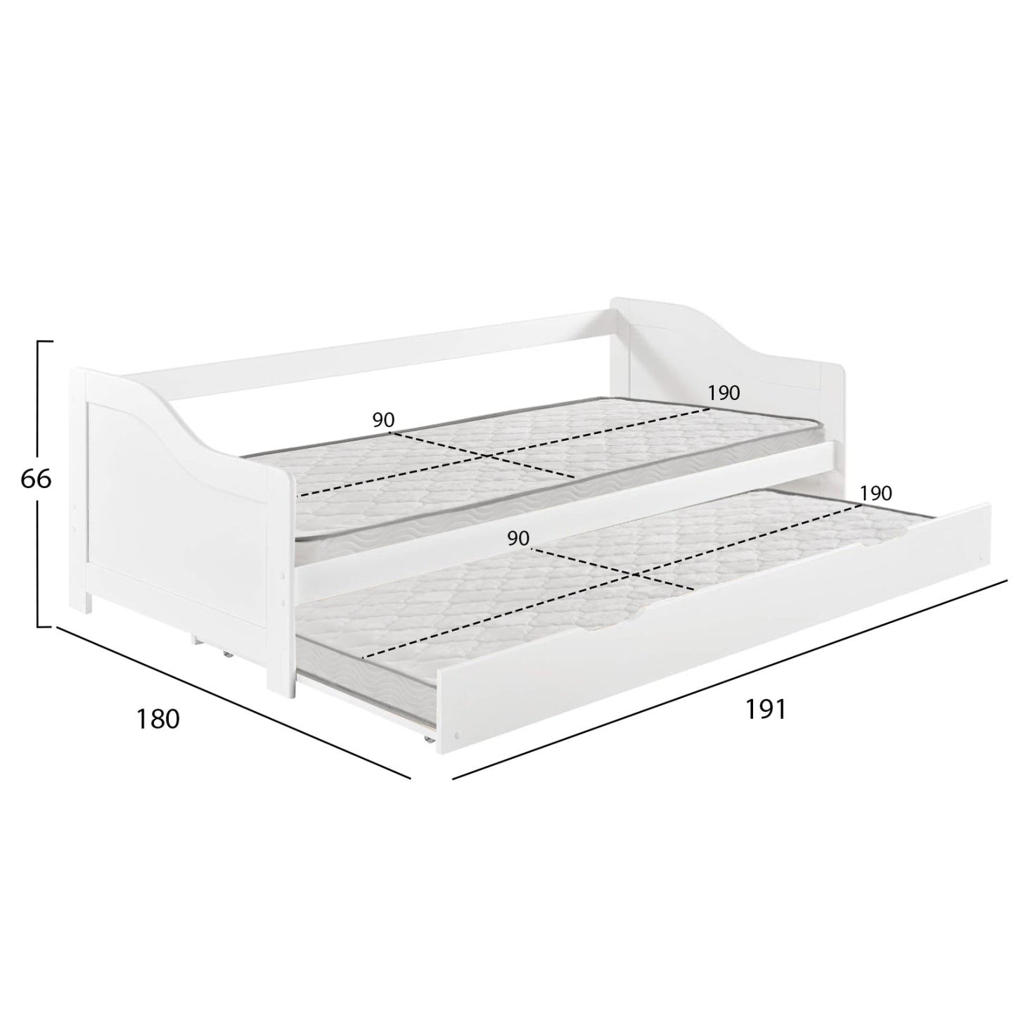 Sofabed With Extra Bed Traddy Hm21313 Pine Wood In White--with 2 Mattresses 90x190cm