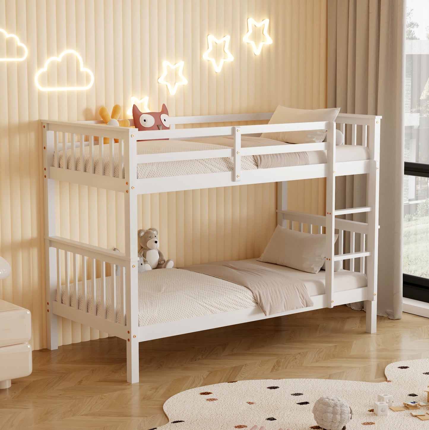 Bunk Bed For Children Lantai Hm682.03 Pine Wood In White-mattresses 190x90cm