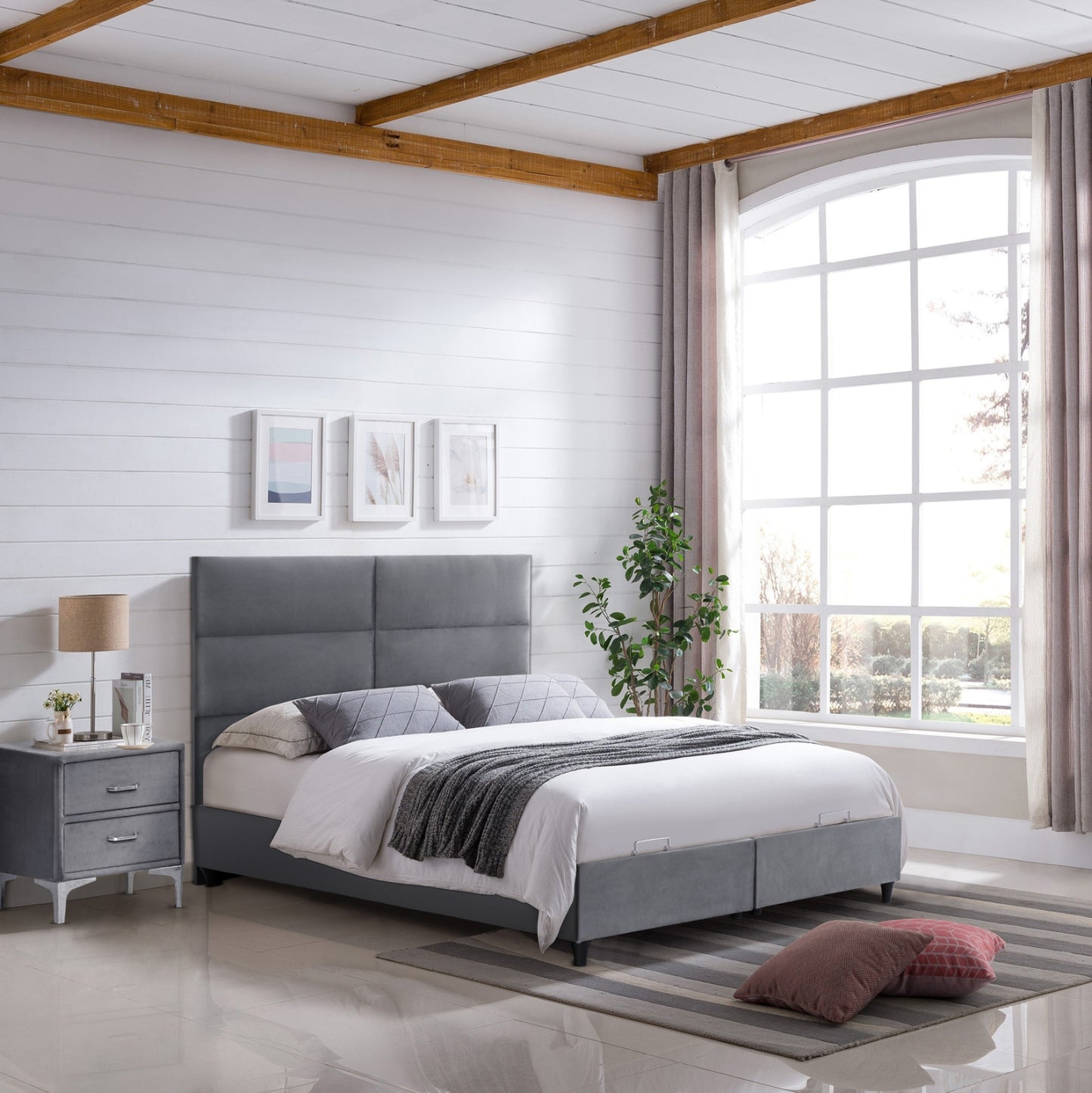 Bed With Storage Space Milo Hm738.10 Grey Velvet Fabric For Mattress 140x200cm