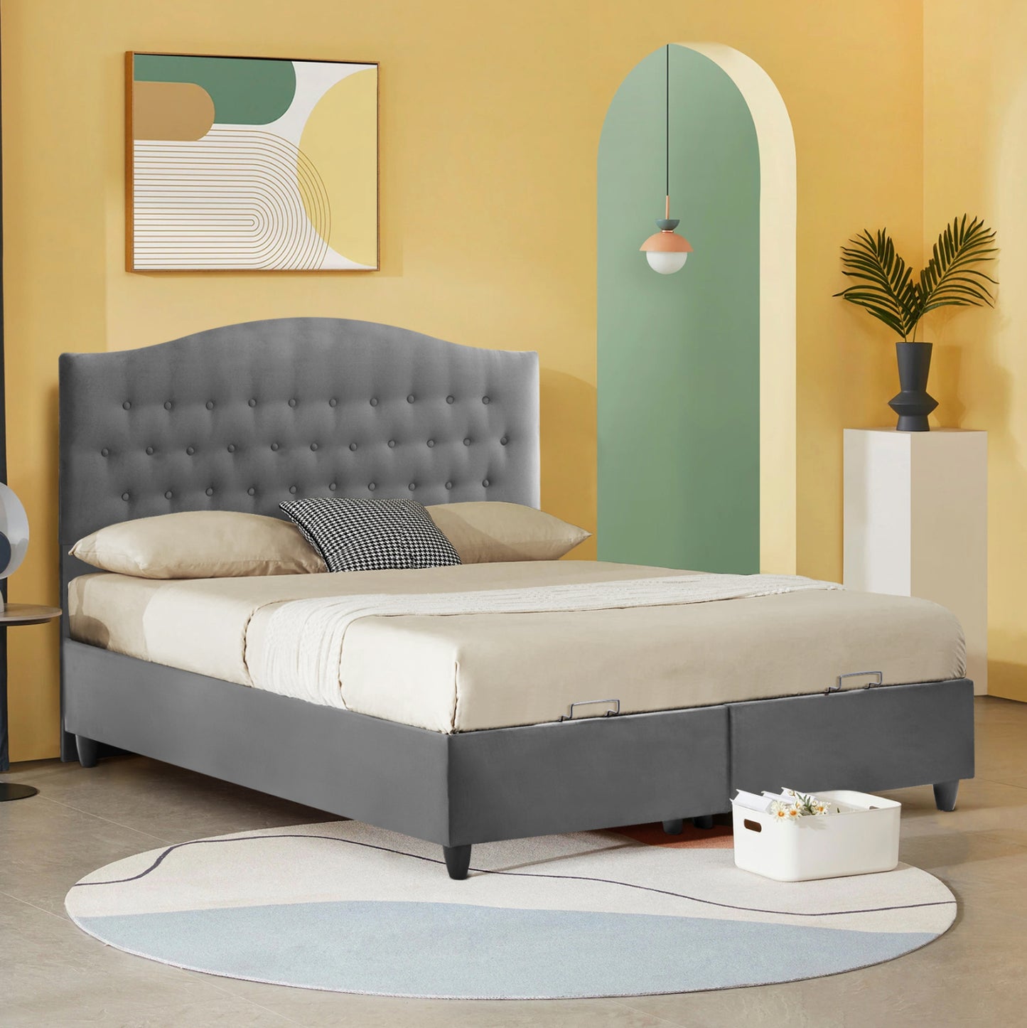 Hm624.10 Bed Malena, Grey Velvet, Storage Space, Quilted, 160x200
