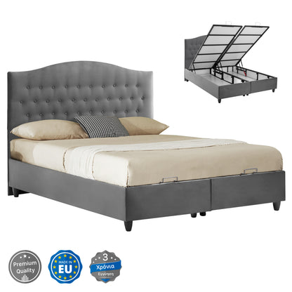 Hm624.10 Bed Malena, Grey Velvet, Storage Space, Quilted, 160x200