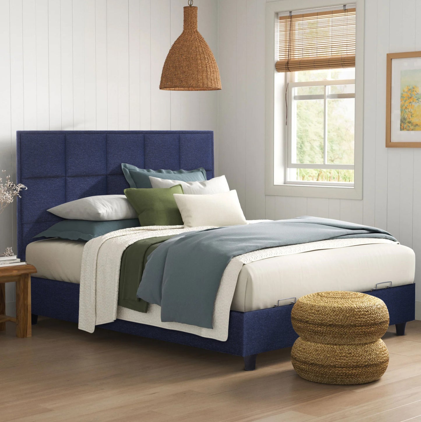 Alba Bed, Blue Fabric, For Mattress 160x200, Quilted Headboard, With 2 Underlays Instead Of Bed Boards, Storage Space