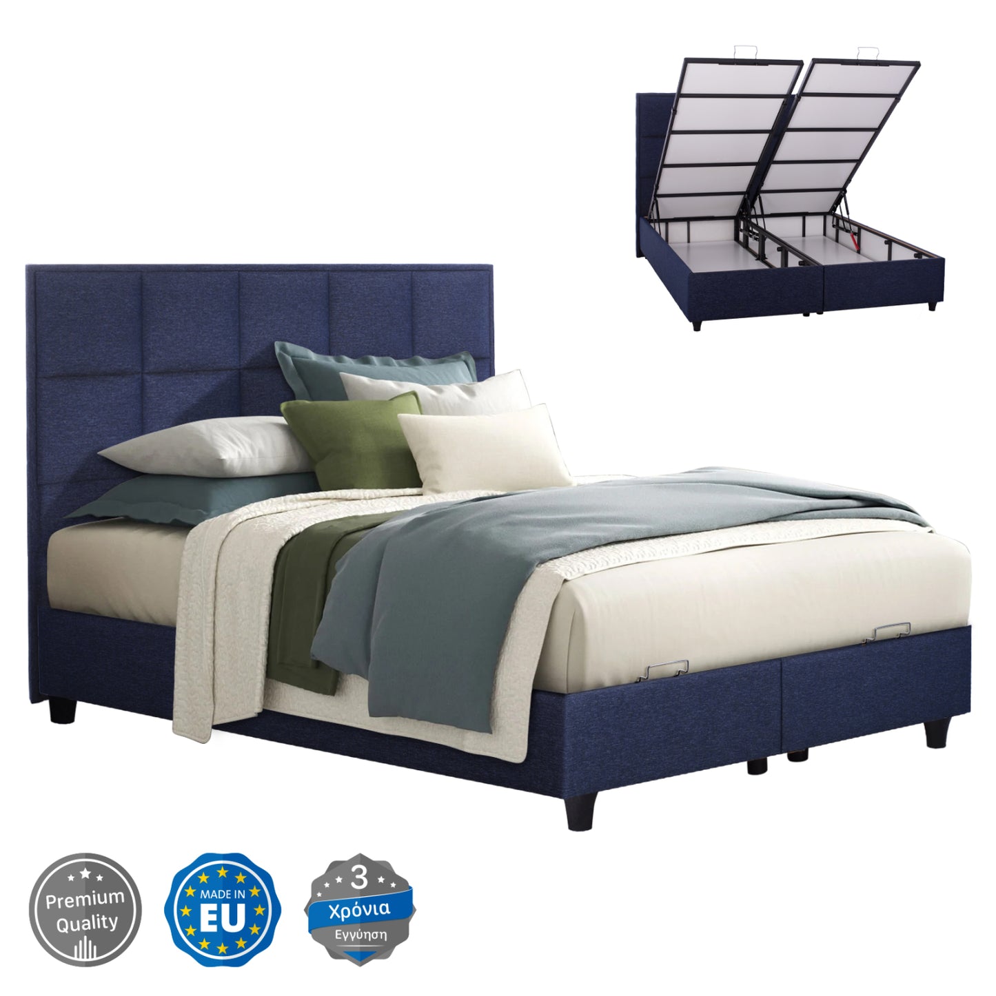 Alba Bed, Blue Fabric, For Mattress 160x200, Quilted Headboard, With 2 Underlays Instead Of Bed Boards, Storage Space