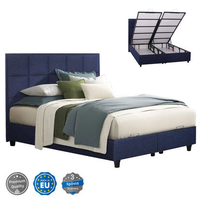 Alba Bed, Blue Fabric, For Mattress 160x200, Quilted Headboard, With 2 Underlays Instead Of Bed Boards, Storage Space