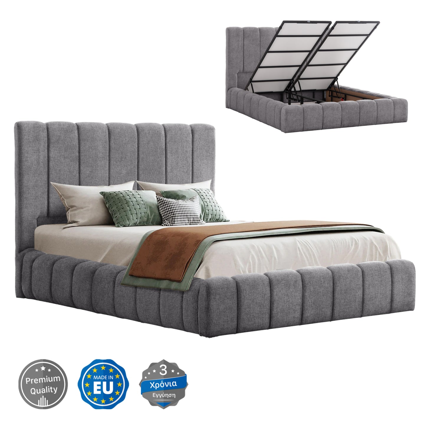 Bed With Storage Space Remo Hm719.22 Teddy Fabric In Grey-for Mattress 160x200cm.
