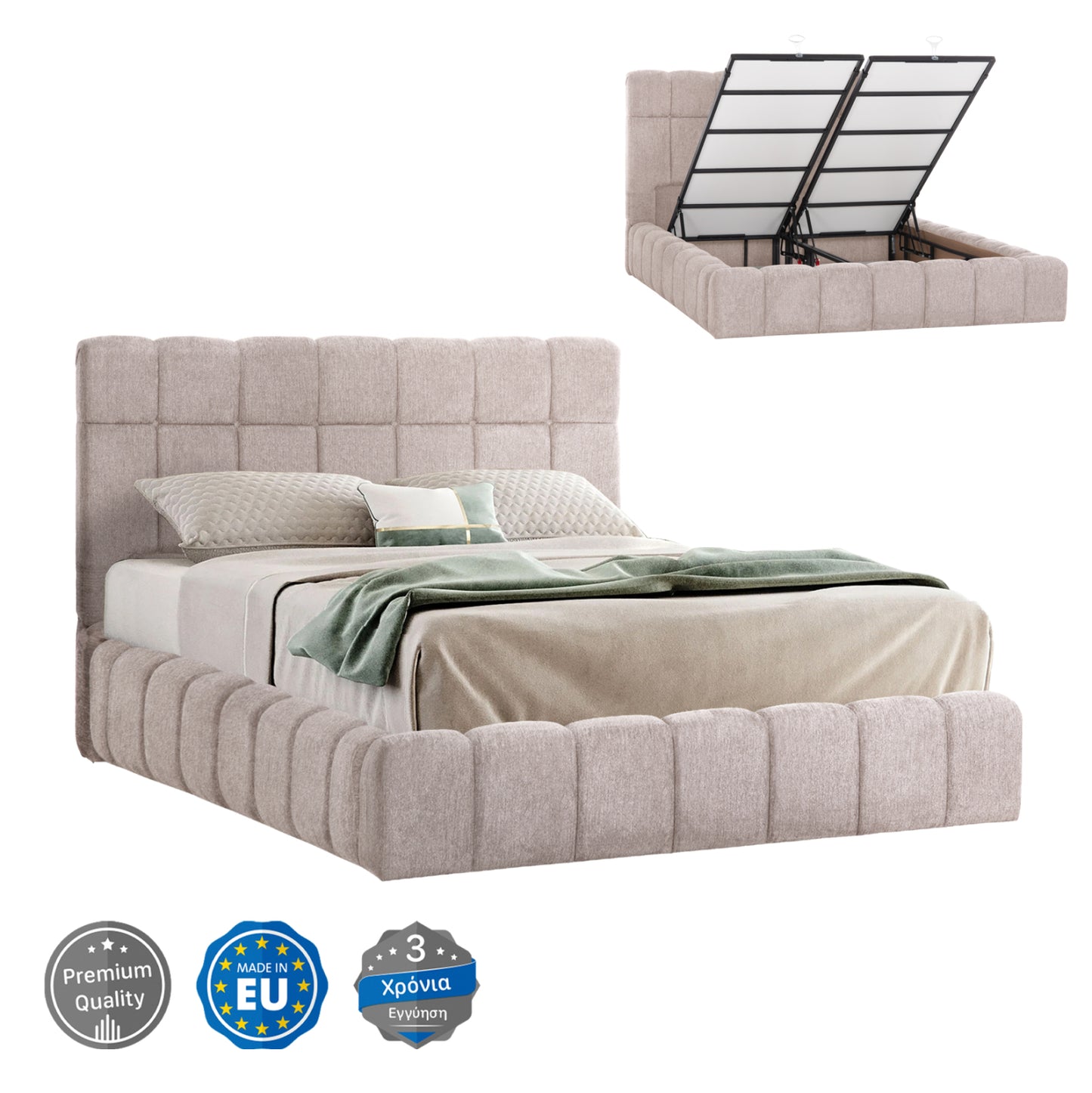 Bed With Storage Space Ramon Hm720.10 Teddy Fabric In Beige-for Mattress 160x200cm.