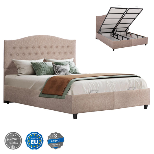 Hm624.22 Bed Malena, Storage Space, Beige Nubuck-type Fabric, 160x200