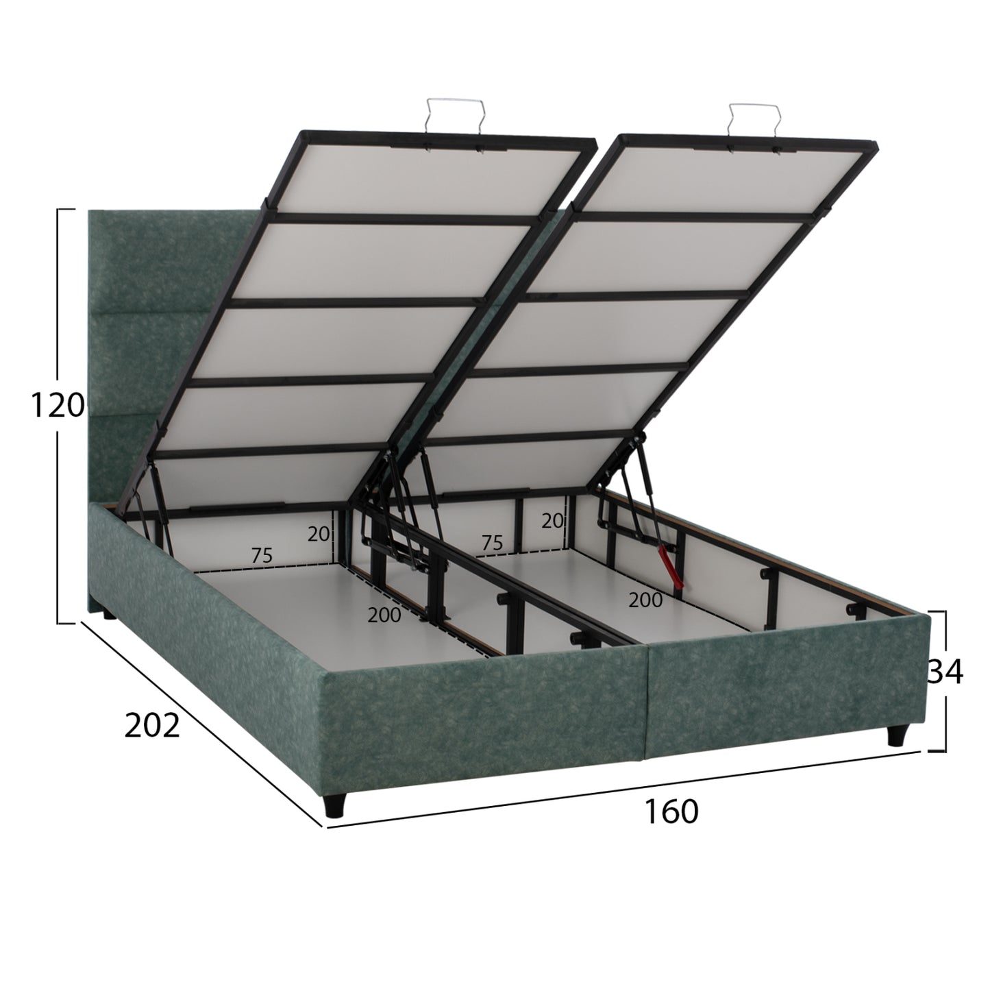 Hm622.07 Bed, Nubuck-type Green Fabric, Storage, 160x200