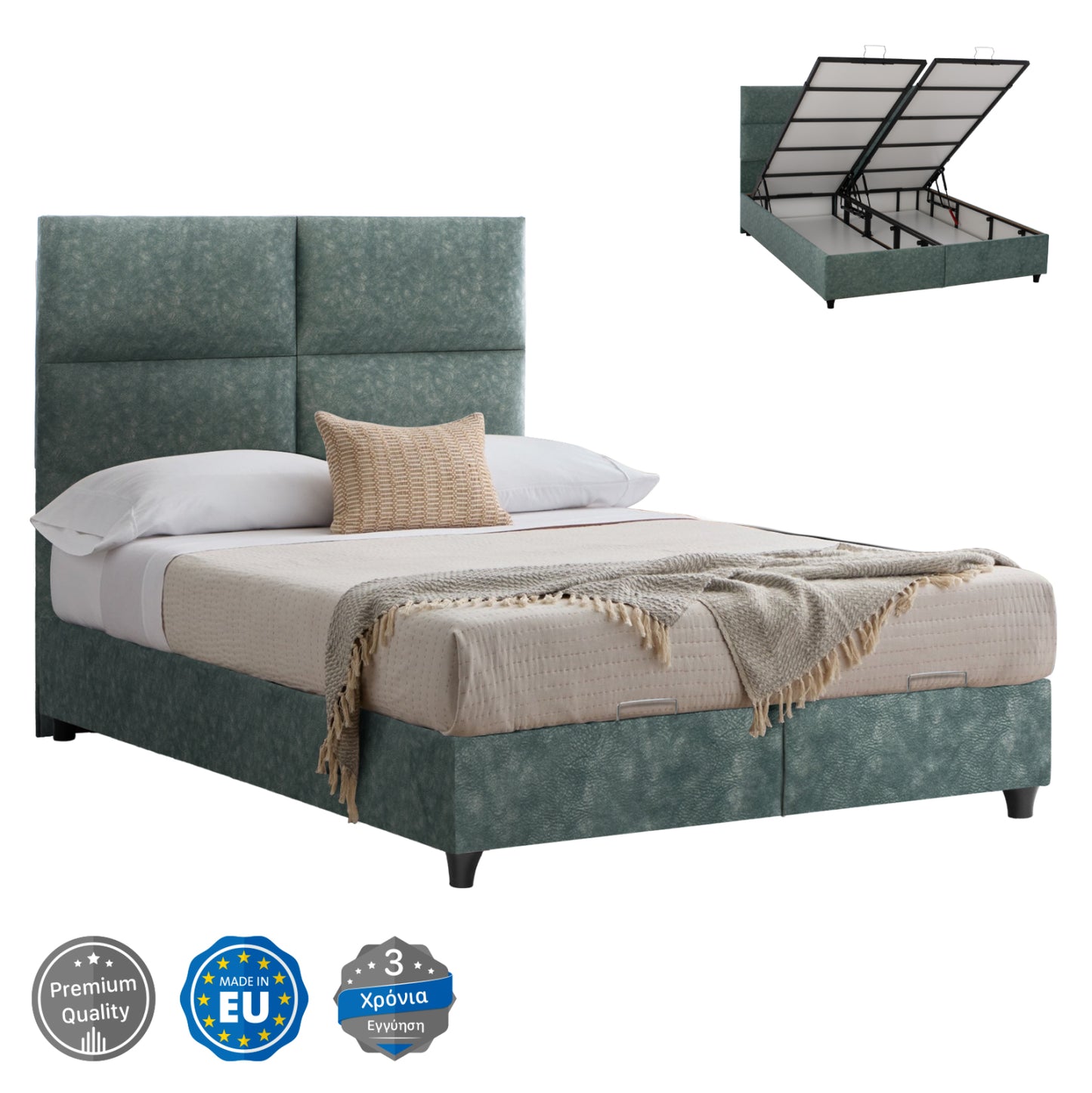 Hm622.07 Bed, Nubuck-type Green Fabric, Storage, 160x200